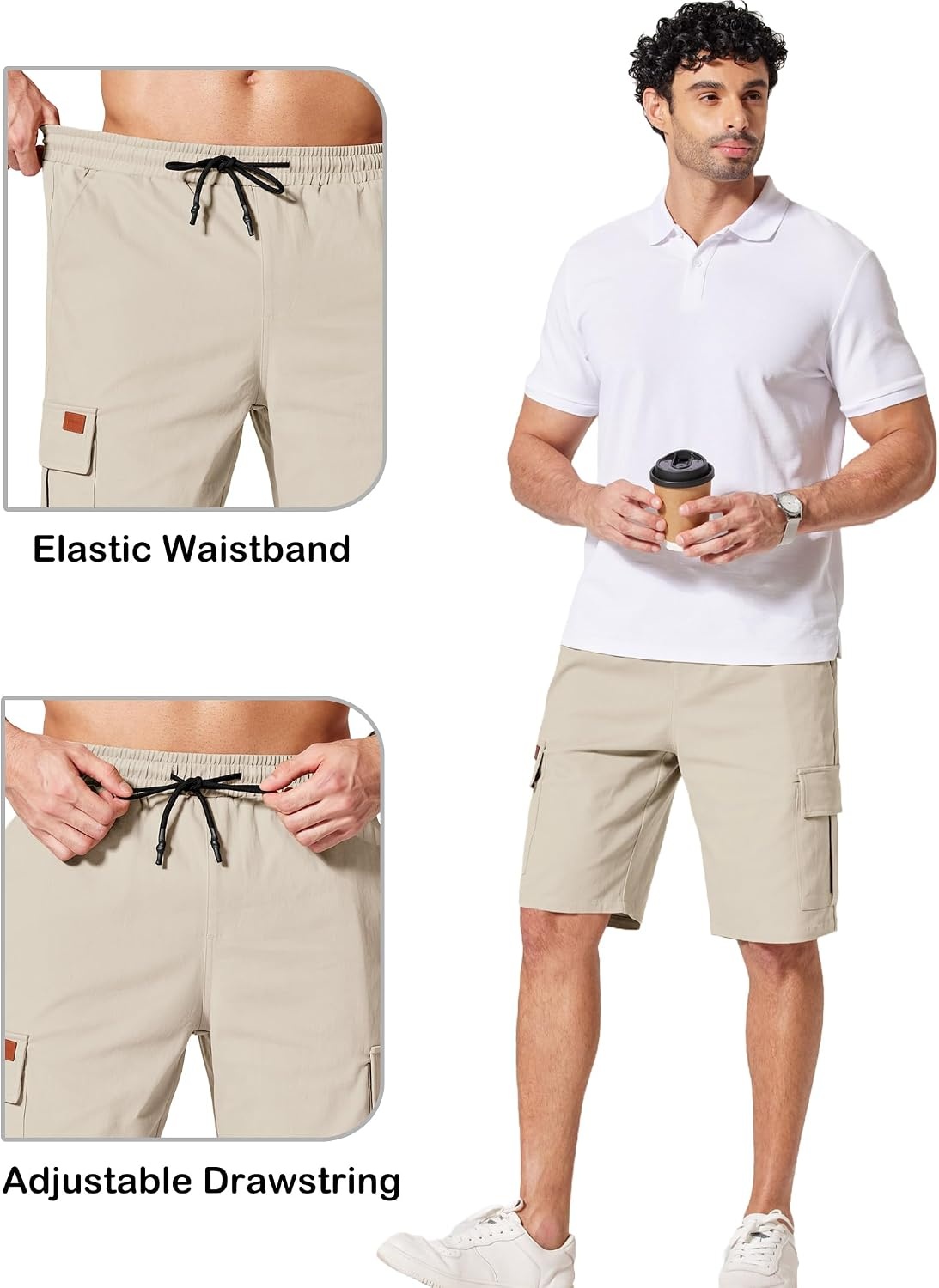 image:imageCOOFANDY Mens Casual Cargo Shorts 10 Cotton Chino Shorts with 6 Pockets Drawstring Elastic Waist Knee Length Loose Fit Summer Twill Fabric Work Shorts for Hiking Walking Outdoor StreetwearLight Khaki