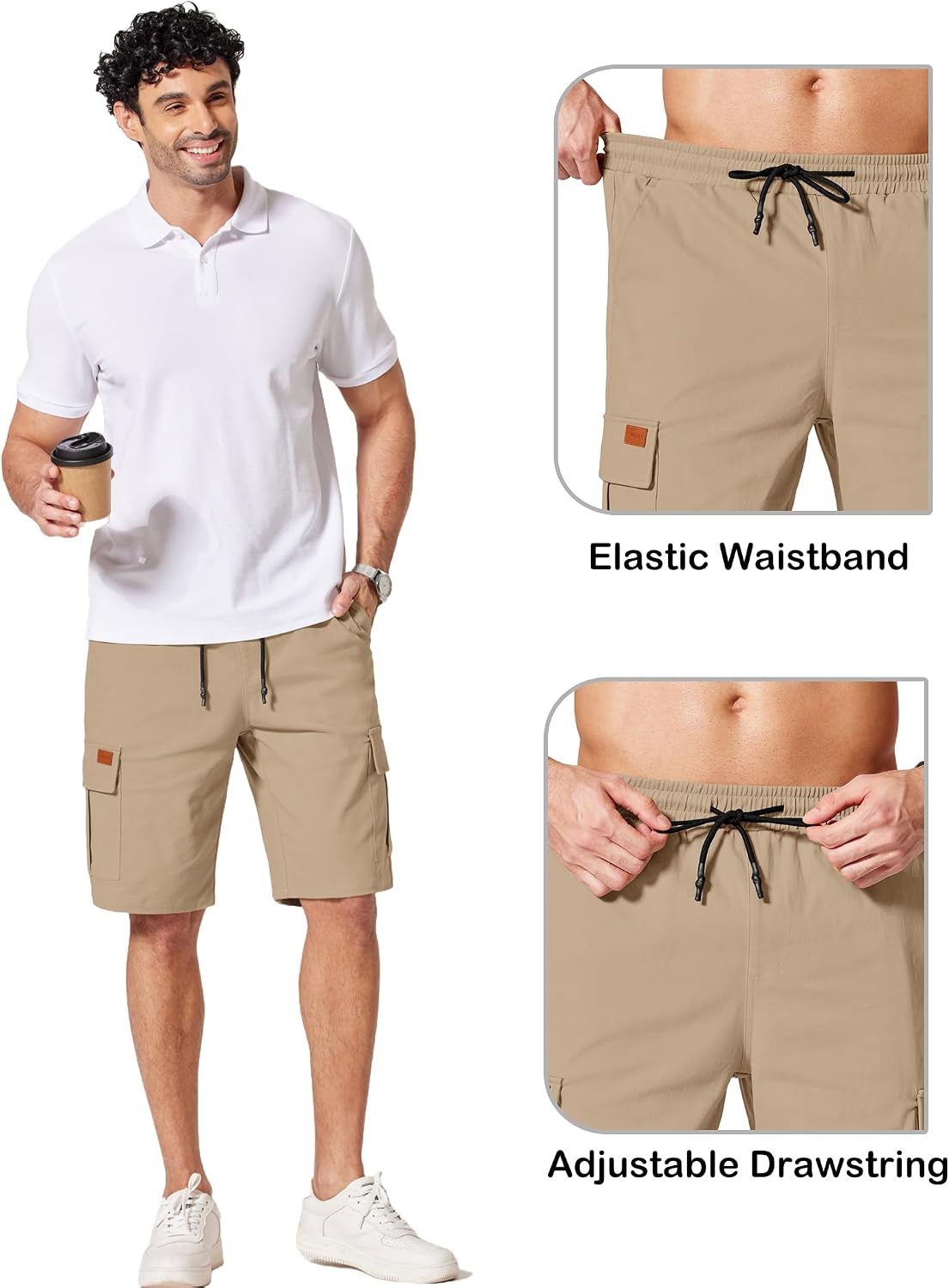 image:imageCOOFANDY Mens Casual Cargo Shorts 10 Cotton Chino Shorts with 6 Pockets Drawstring Elastic Waist Knee Length Loose Fit Summer Twill Fabric Work Shorts for Hiking Walking Outdoor StreetwearKhaki