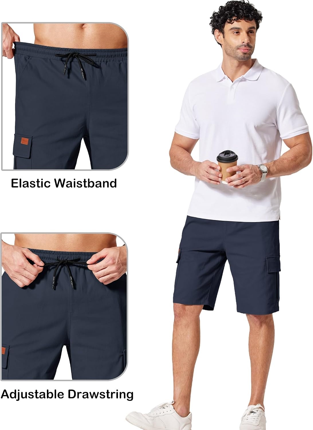 image:imageCOOFANDY Mens Casual Cargo Shorts 10 Cotton Chino Shorts with 6 Pockets Drawstring Elastic Waist Knee Length Loose Fit Summer Twill Fabric Work Shorts for Hiking Walking Outdoor StreetwearNavy Blue