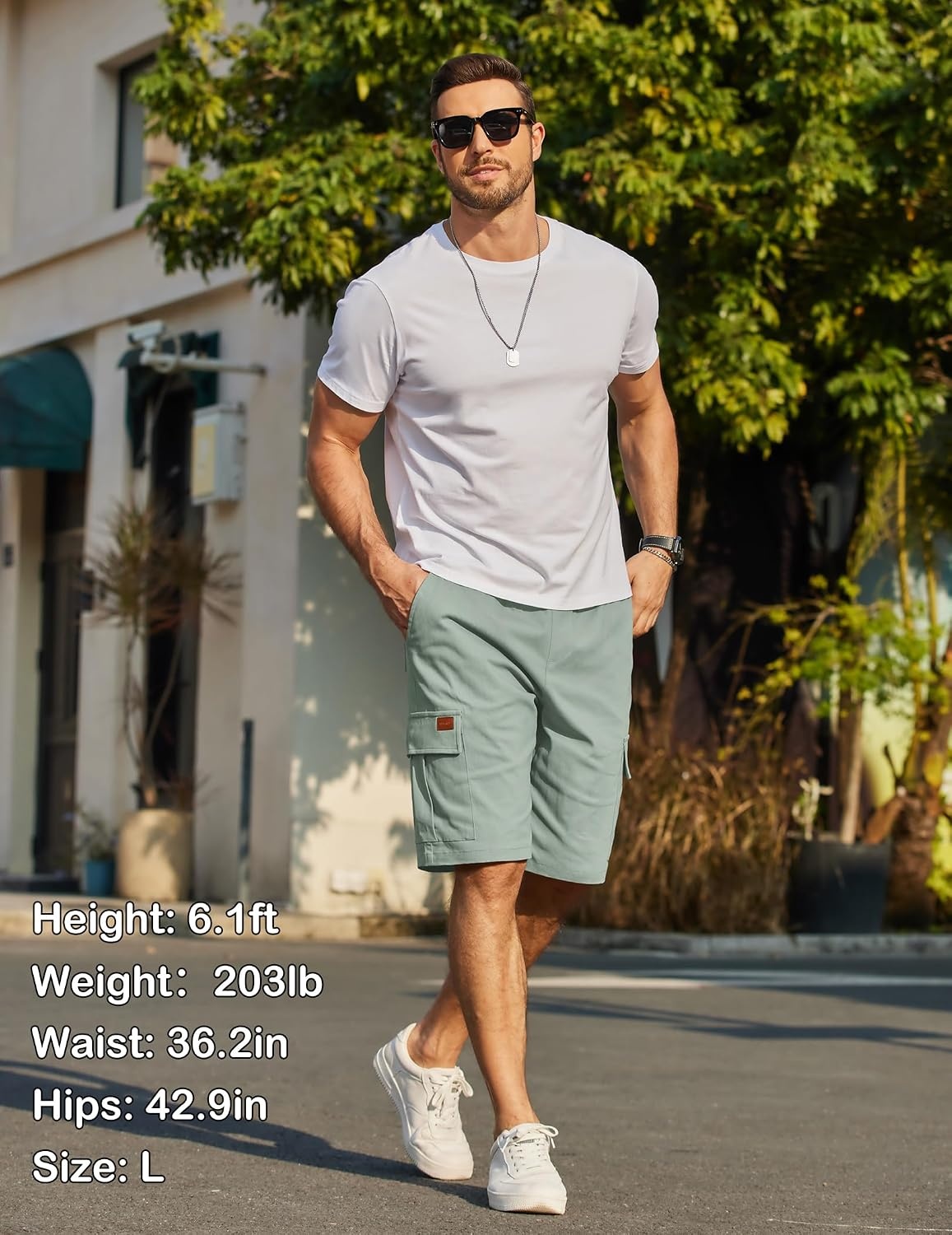 image:imageCOOFANDY Mens Casual Cargo Shorts 10 Cotton Chino Shorts with 6 Pockets Drawstring Elastic Waist Knee Length Loose Fit Summer Twill Fabric Work Shorts for Hiking Walking Outdoor StreetwearLight Green