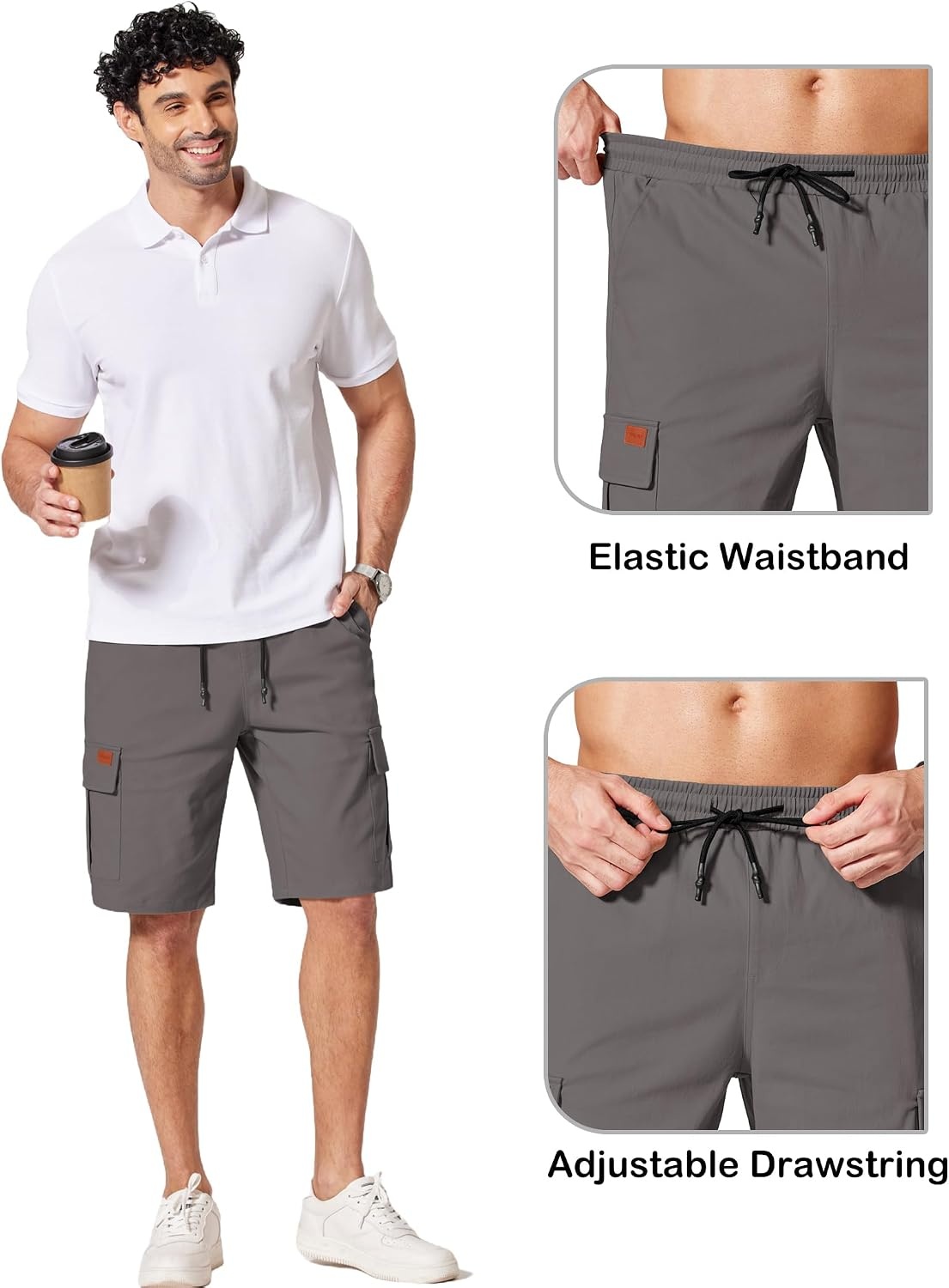 image:imageCOOFANDY Mens Casual Cargo Shorts 10 Cotton Chino Shorts with 6 Pockets Drawstring Elastic Waist Knee Length Loose Fit Summer Twill Fabric Work Shorts for Hiking Walking Outdoor StreetwearDark Grey