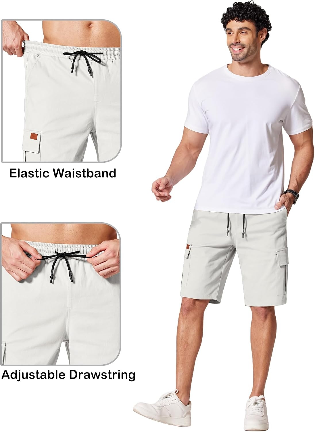 image:imageCOOFANDY Mens Casual Cargo Shorts 10 Cotton Chino Shorts with 6 Pockets Drawstring Elastic Waist Knee Length Loose Fit Summer Twill Fabric Work Shorts for Hiking Walking Outdoor StreetwearWhite