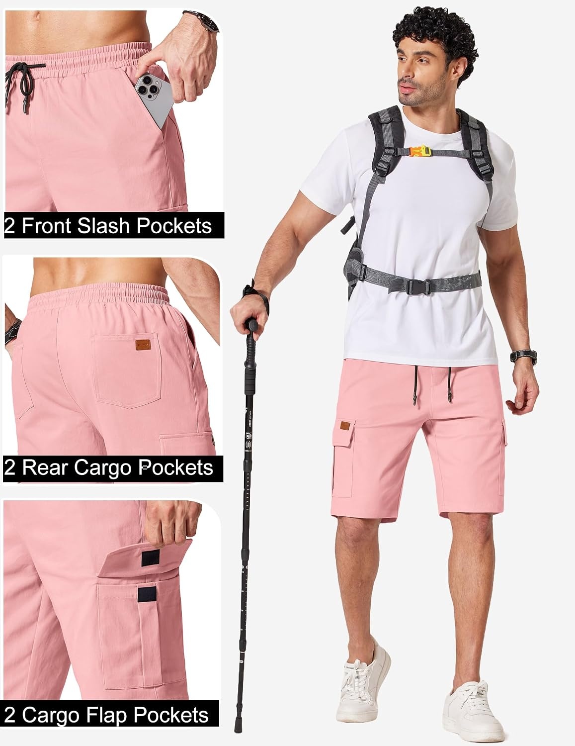 image:imageCOOFANDY Mens Casual Cargo Shorts 10 Cotton Chino Shorts with 6 Pockets Drawstring Elastic Waist Knee Length Loose Fit Summer Twill Fabric Work Shorts for Hiking Walking Outdoor StreetwearPink