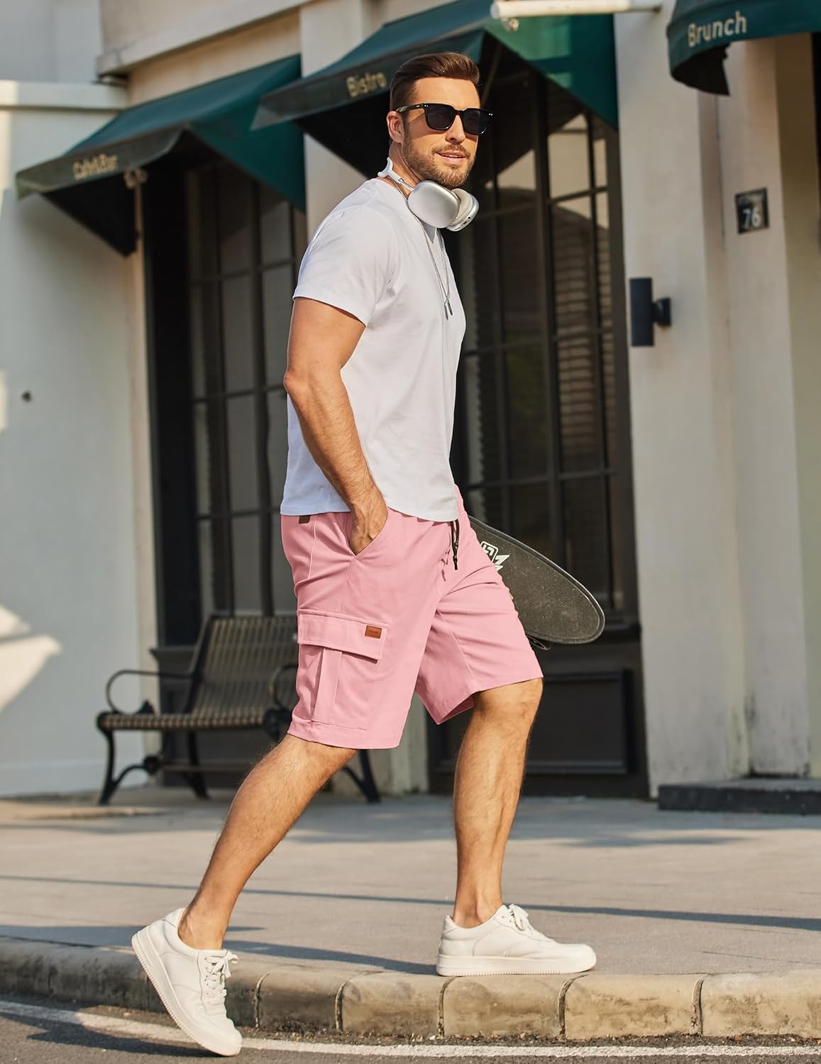 image:imageCOOFANDY Mens Casual Cargo Shorts 10 Cotton Chino Shorts with 6 Pockets Drawstring Elastic Waist Knee Length Loose Fit Summer Twill Fabric Work Shorts for Hiking Walking Outdoor StreetwearPink