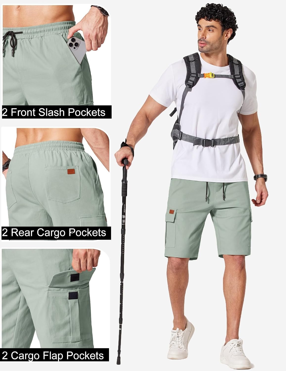 image:imageCOOFANDY Mens Casual Cargo Shorts 10 Cotton Chino Shorts with 6 Pockets Drawstring Elastic Waist Knee Length Loose Fit Summer Twill Fabric Work Shorts for Hiking Walking Outdoor StreetwearLight Green