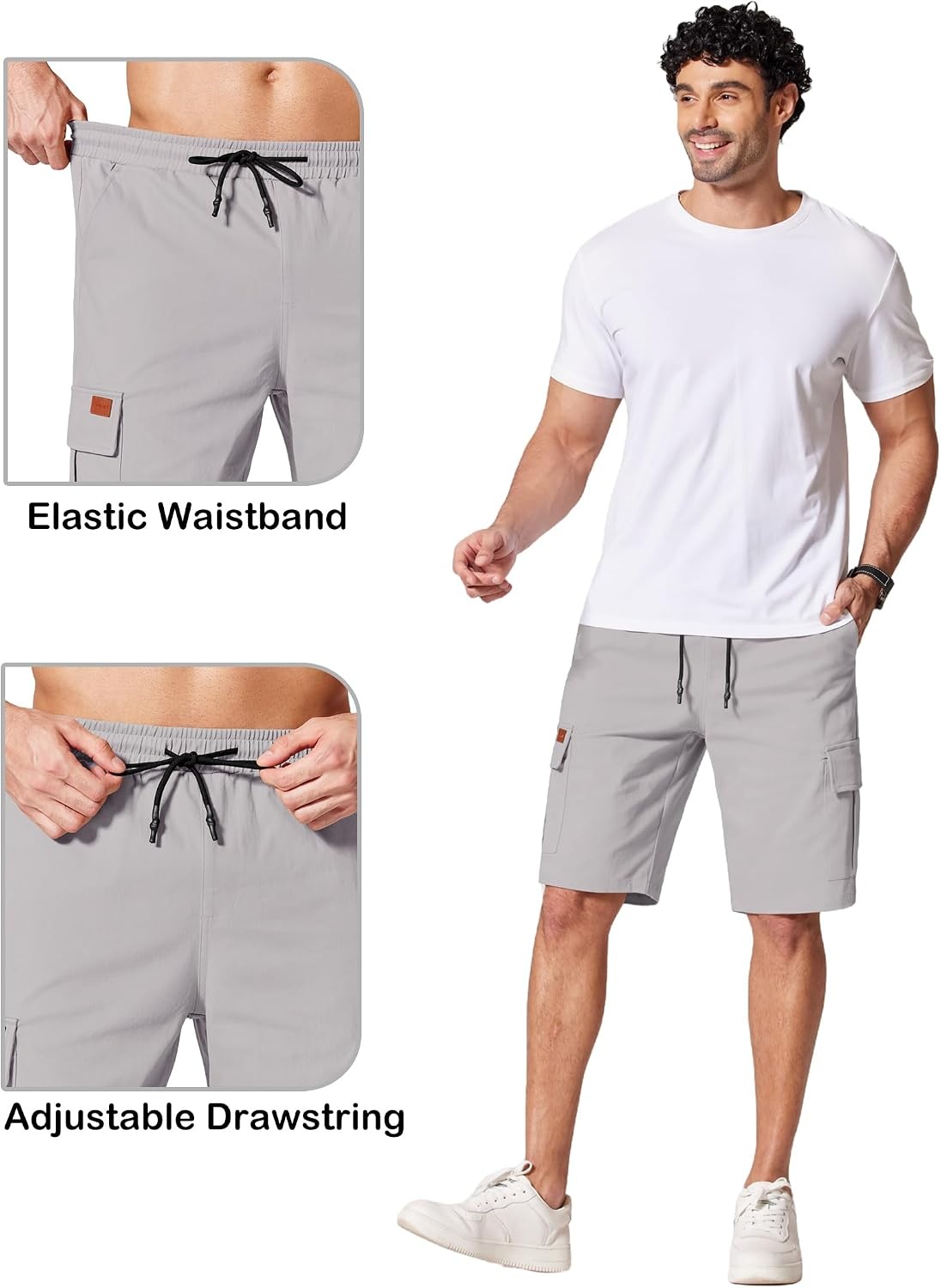 image:imageCOOFANDY Mens Casual Cargo Shorts 10 Cotton Chino Shorts with 6 Pockets Drawstring Elastic Waist Knee Length Loose Fit Summer Twill Fabric Work Shorts for Hiking Walking Outdoor StreetwearLight Grey