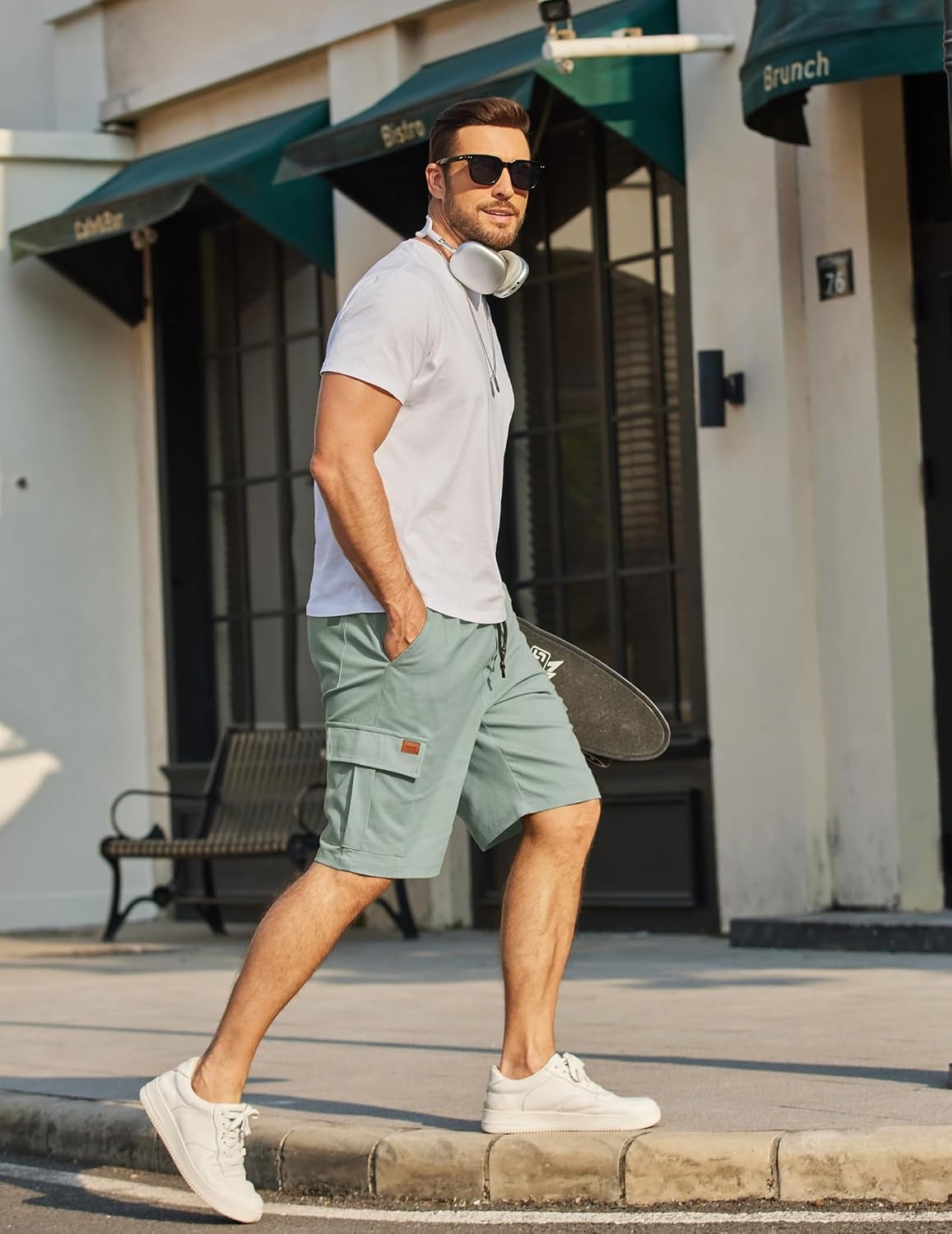 image:imageCOOFANDY Mens Casual Cargo Shorts 10 Cotton Chino Shorts with 6 Pockets Drawstring Elastic Waist Knee Length Loose Fit Summer Twill Fabric Work Shorts for Hiking Walking Outdoor StreetwearLight Green