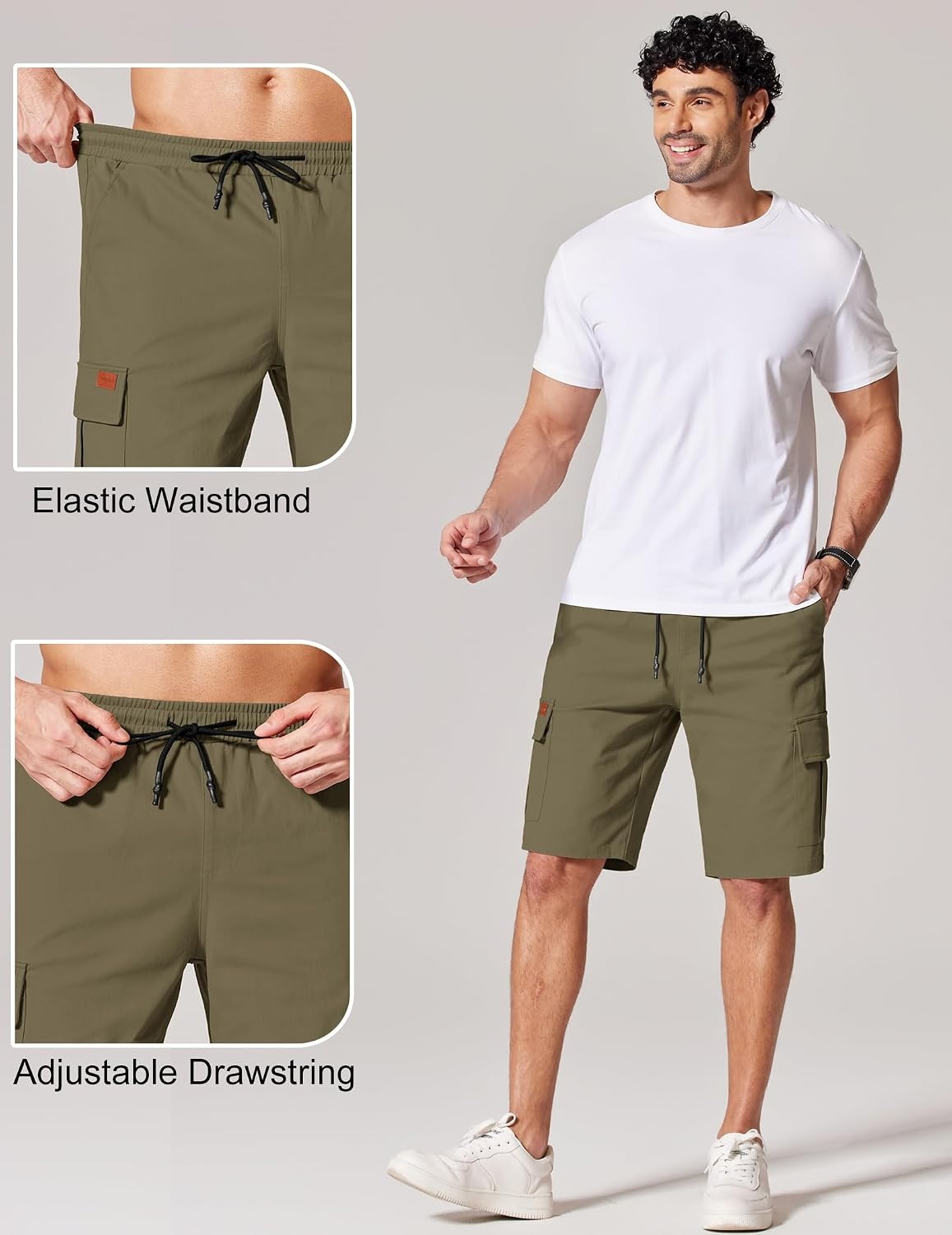image:imageCOOFANDY Mens Casual Cargo Shorts 10 Cotton Chino Shorts with 6 Pockets Drawstring Elastic Waist Knee Length Loose Fit Summer Twill Fabric Work Shorts for Hiking Walking Outdoor StreetwearOlive Green