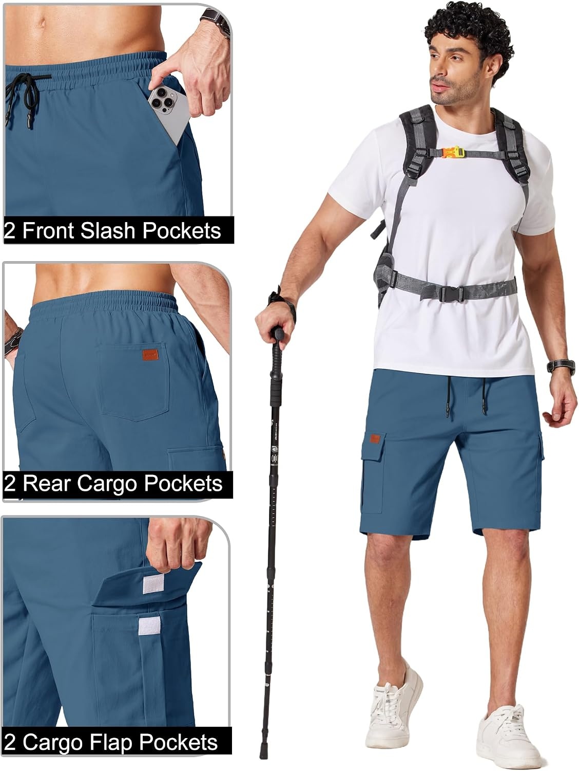 image:imageCOOFANDY Mens Casual Cargo Shorts 10 Cotton Chino Shorts with 6 Pockets Drawstring Elastic Waist Knee Length Loose Fit Summer Twill Fabric Work Shorts for Hiking Walking Outdoor StreetwearBlue