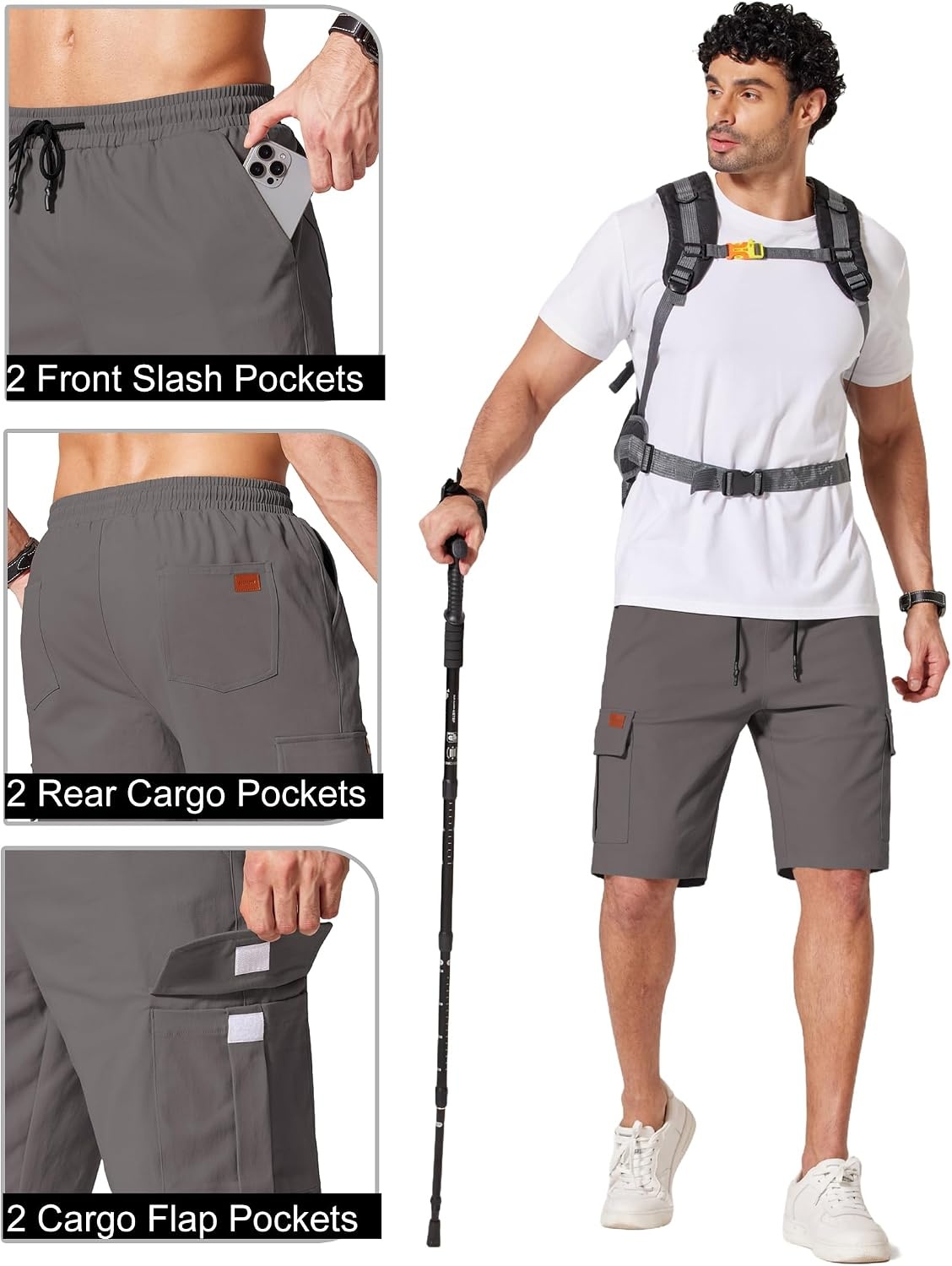 image:imageCOOFANDY Mens Casual Cargo Shorts 10 Cotton Chino Shorts with 6 Pockets Drawstring Elastic Waist Knee Length Loose Fit Summer Twill Fabric Work Shorts for Hiking Walking Outdoor StreetwearDark Grey
