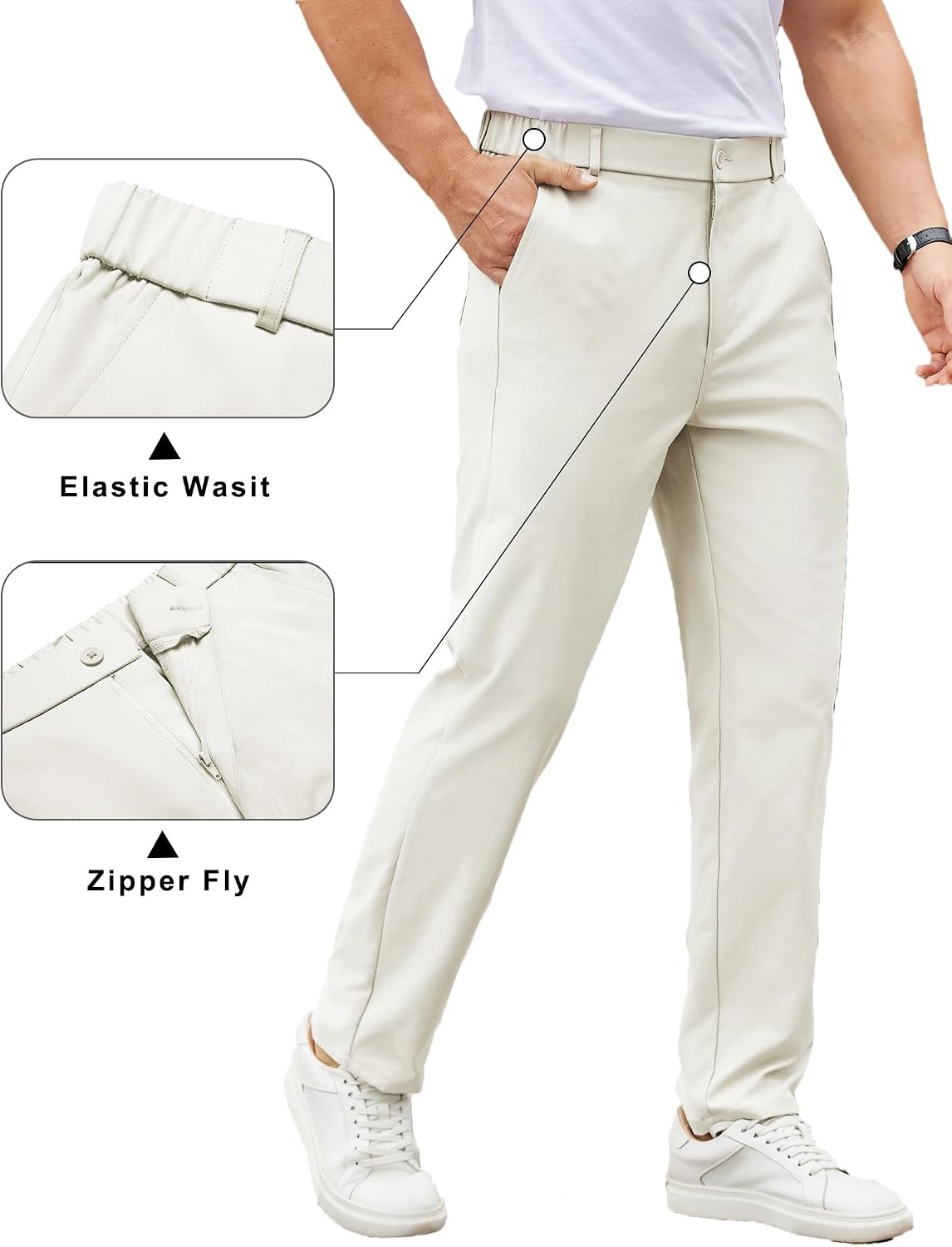 image:imageCOOFANDY Mens Casual Chino Pants Elastic Waist ClassicFit Dress Slacks Hybrid Waistband Flat Front Lightweight Stretchy Comfortable Straight Leg Business Casual TrousersBeige