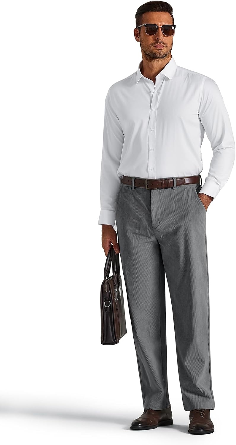 image:imageCOOFANDY Mens Corduroy Pant Straight Fit Flat Front Casual Dress Slacks Hybrid Waistand Soft Breathable Resistant to Pilling FineWale Corduroy Old Money Everyday Weekend Work WearGray