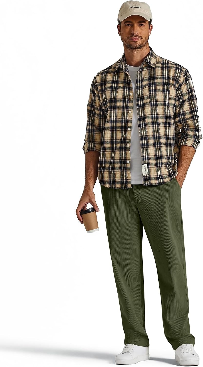 image:imageCOOFANDY Mens Corduroy Pant Straight Fit Flat Front Casual Dress Slacks Hybrid Waistand Soft Breathable Resistant to Pilling FineWale Corduroy Old Money Everyday Weekend Work WearLight Green