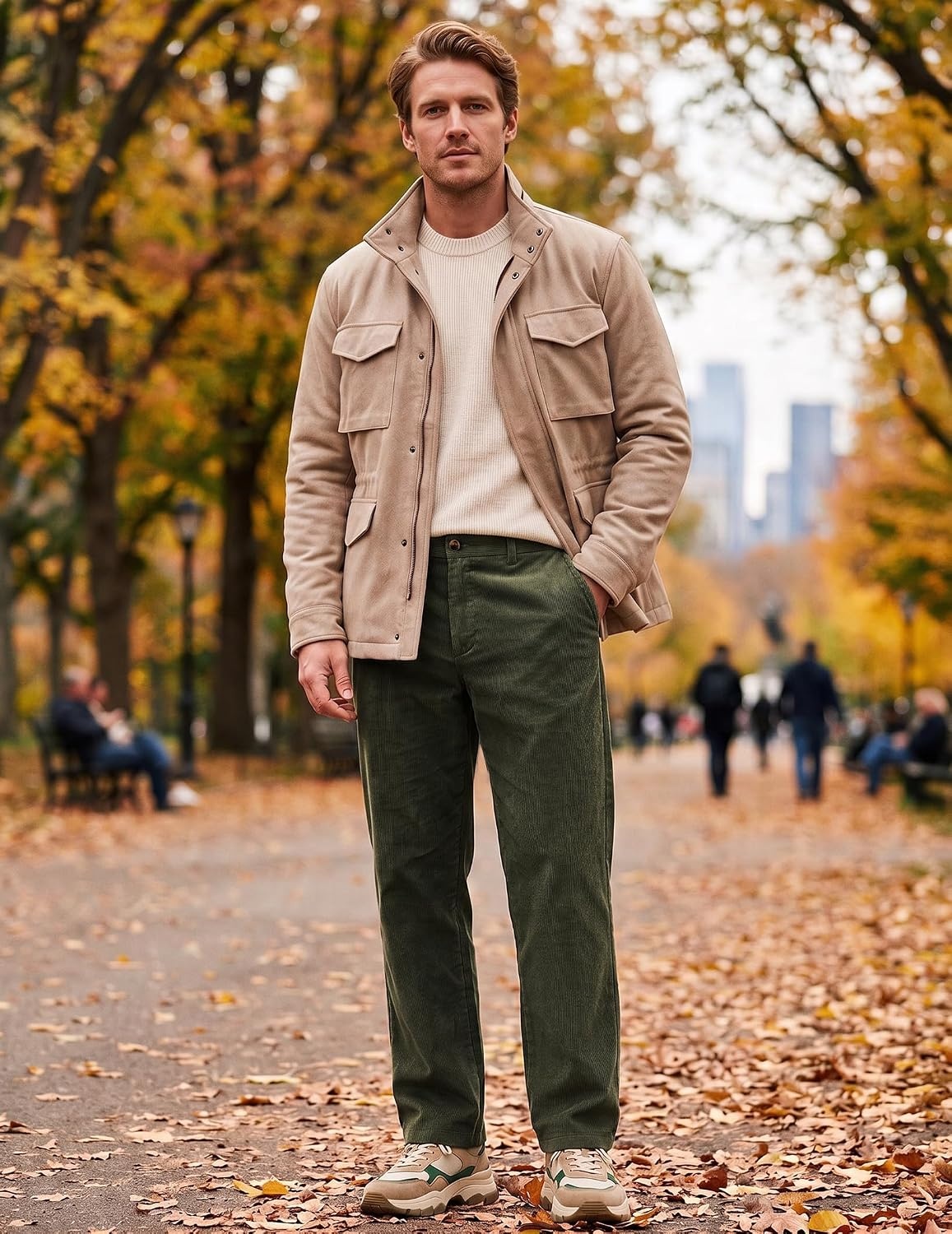 image:imageCOOFANDY Mens Corduroy Pant Straight Fit Flat Front Casual Dress Slacks Hybrid Waistand Soft Breathable Resistant to Pilling FineWale Corduroy Old Money Everyday Weekend Work WearLight Green