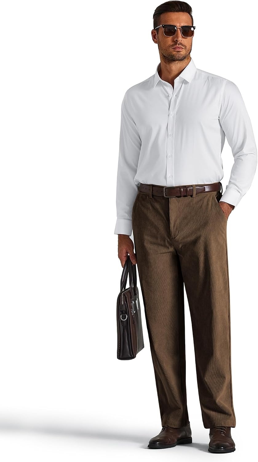 image:imageCOOFANDY Mens Corduroy Pant Straight Fit Flat Front Casual Dress Slacks Hybrid Waistand Soft Breathable Resistant to Pilling FineWale Corduroy Old Money Everyday Weekend Work WearDark Brown