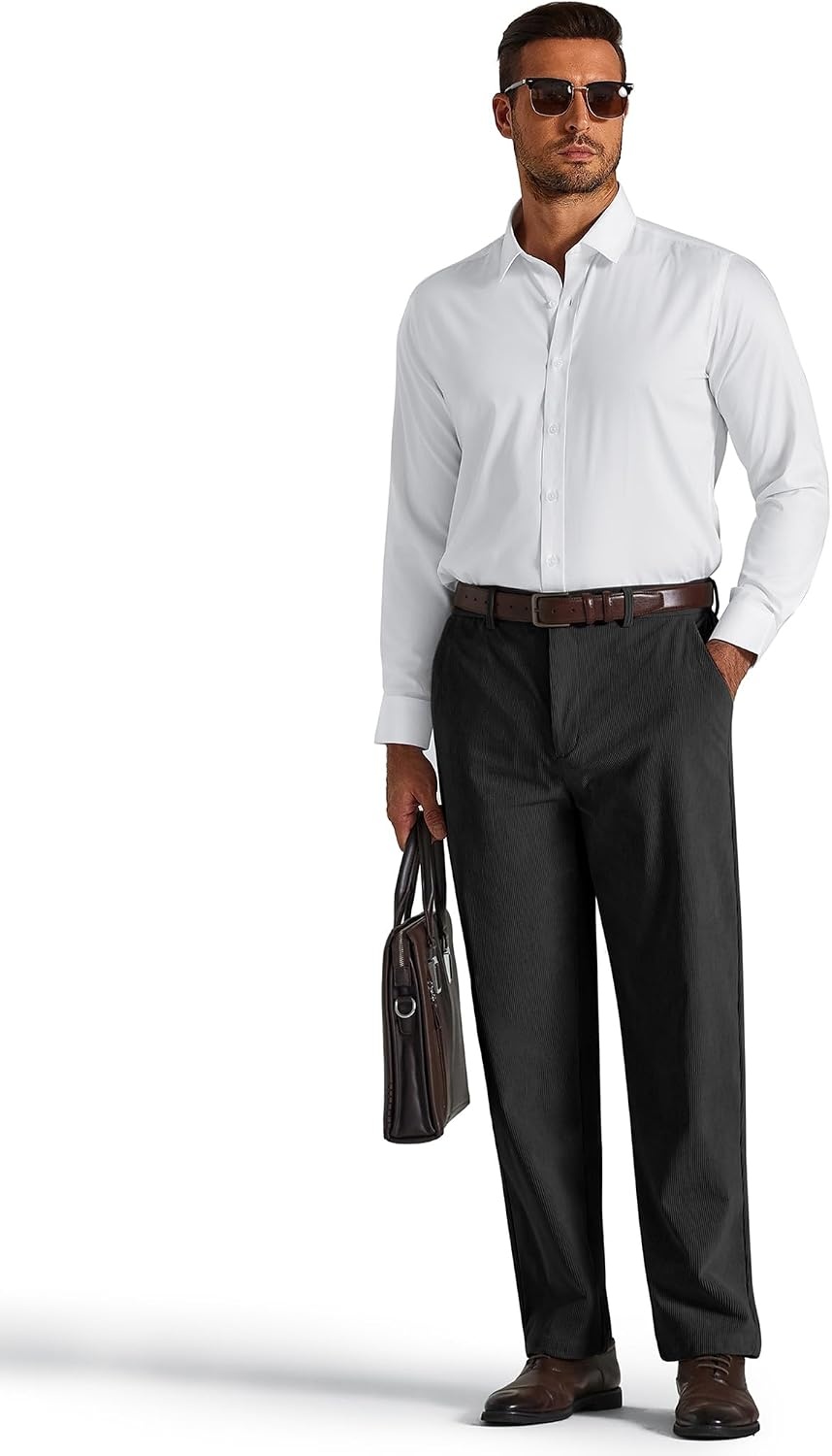 image:imageCOOFANDY Mens Corduroy Pant Straight Fit Flat Front Casual Dress Slacks Hybrid Waistand Soft Breathable Resistant to Pilling FineWale Corduroy Old Money Everyday Weekend Work WearBlack