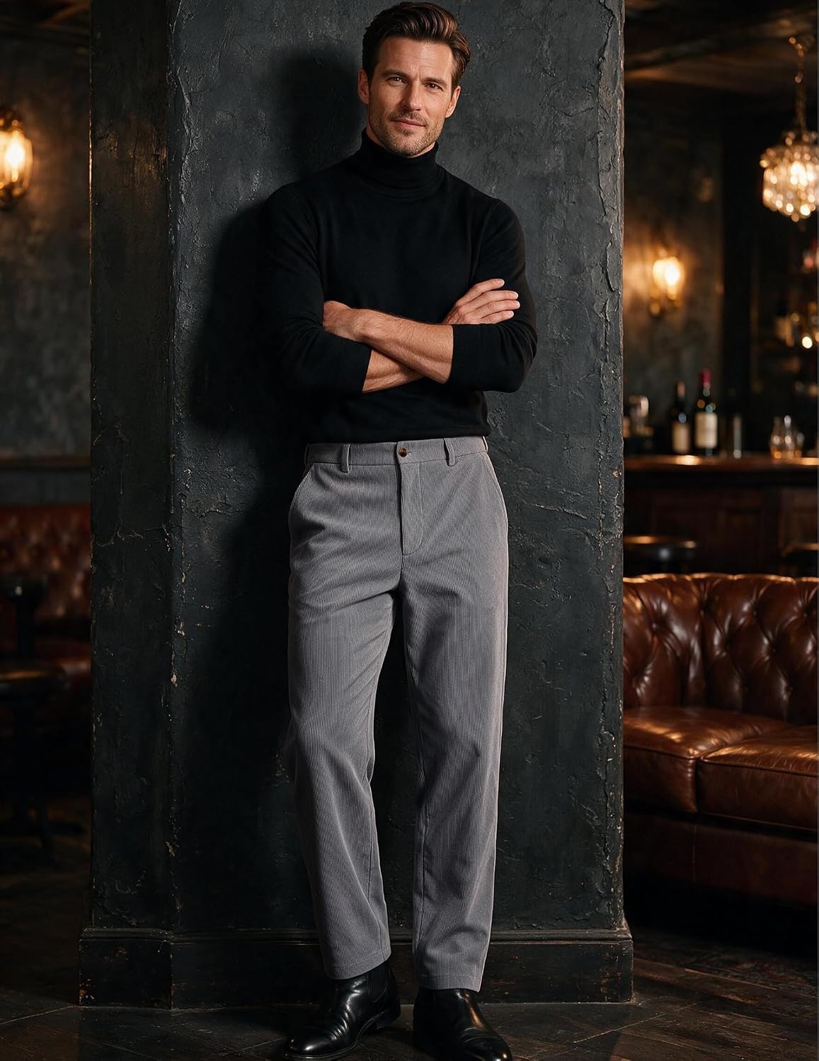 image:imageCOOFANDY Mens Corduroy Pant Straight Fit Flat Front Casual Dress Slacks Hybrid Waistand Soft Breathable Resistant to Pilling FineWale Corduroy Old Money Everyday Weekend Work WearGray