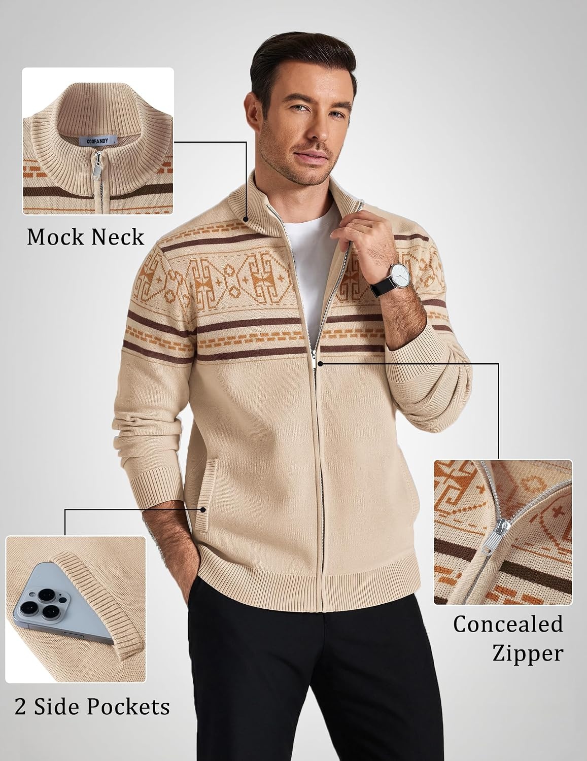 image:imageCOOFANDY Mens Full Zip Cardigan Sweaters Mock Neck Knitwear with Pattern Solid and Fair Isle 2 slant pockets fall winter 2026 relaxedfit business casual S3XLKhaki Fair Isle