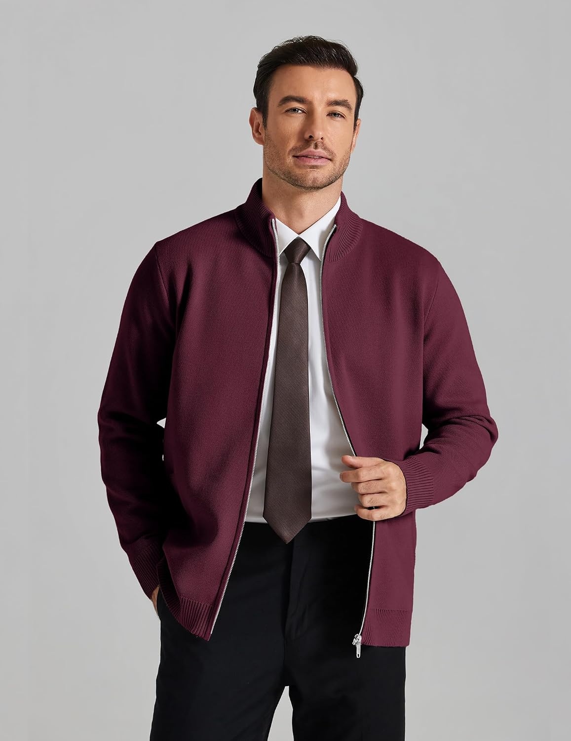 image:imageCOOFANDY Mens Full Zip Cardigan Sweaters Mock Neck Knitwear with Pattern Solid and Fair Isle 2 slant pockets fall winter 2026 relaxedfit business casual S3XLWine Red