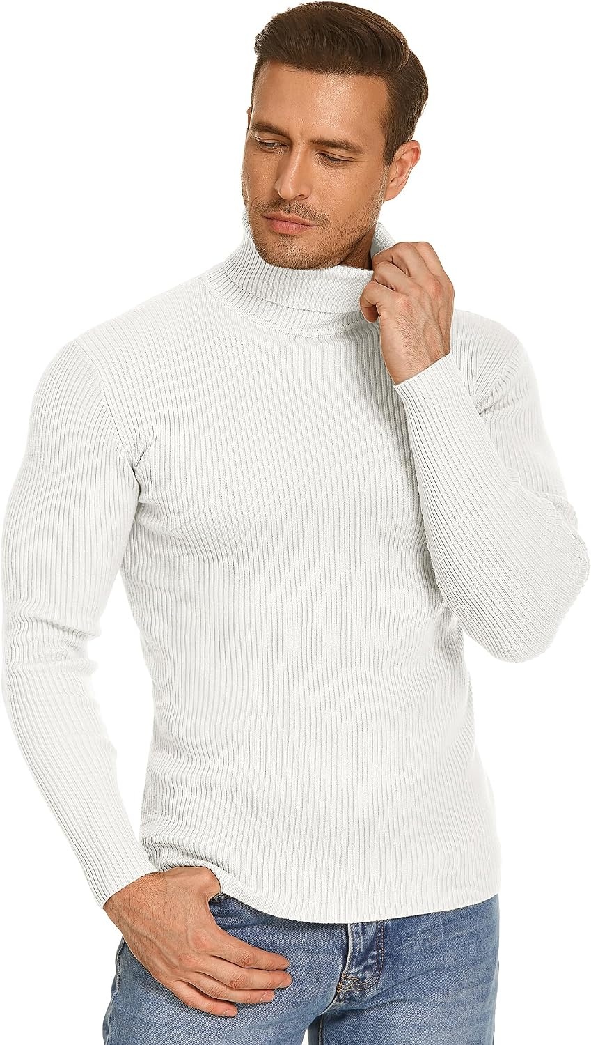 image:imageCOOFANDY Mens Ribbed Slim Fit Knitted Pullover Casual Turtleneck Sweater Premium antishrink knit turtleneck Soft warm amp stretchyperfect for casual work or outdoor wear in fallwinterWhite