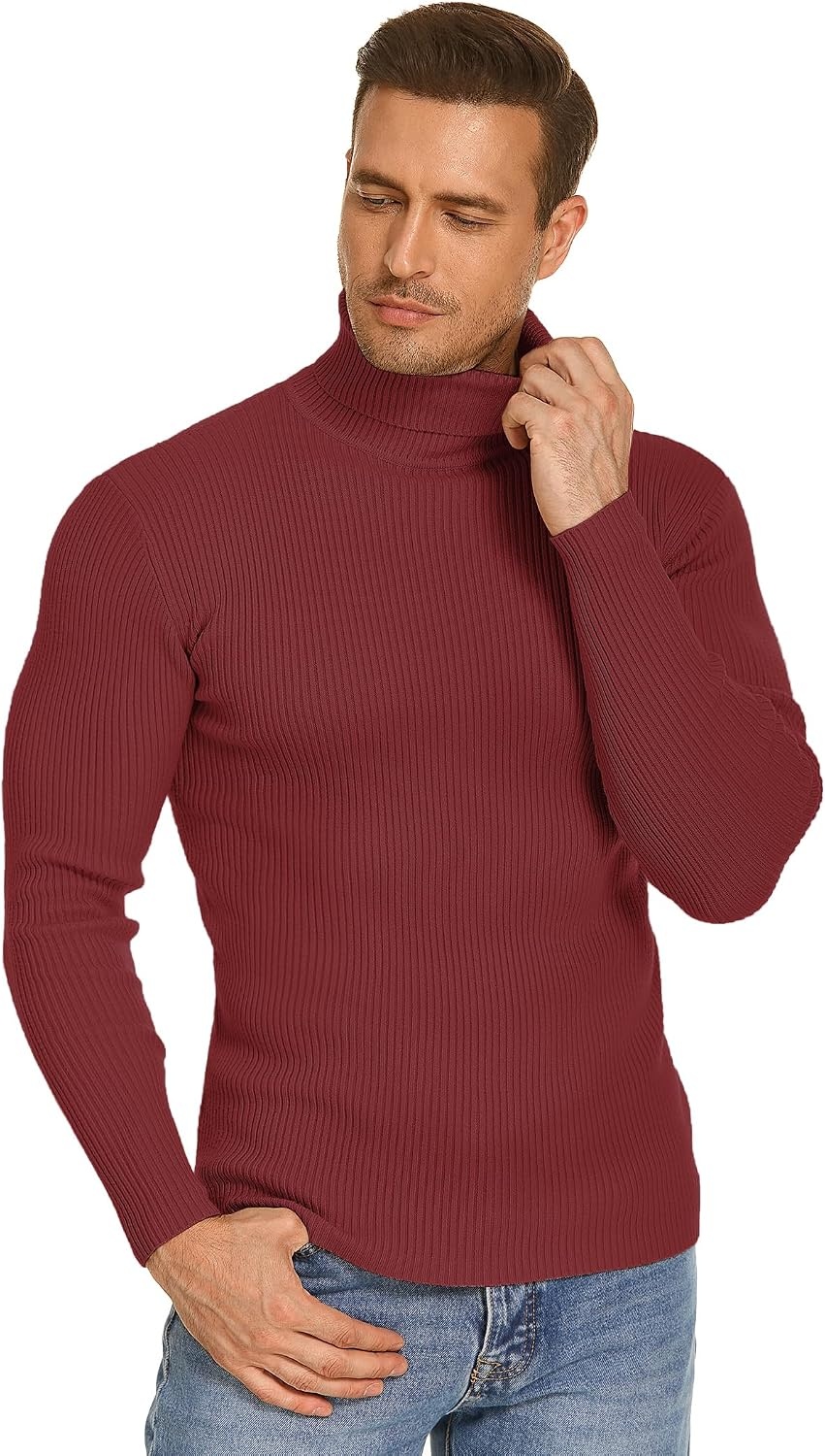 image:imageCOOFANDY Mens Ribbed Slim Fit Knitted Pullover Casual Turtleneck Sweater Premium antishrink knit turtleneck Soft warm amp stretchyperfect for casual work or outdoor wear in fallwinterWine Red