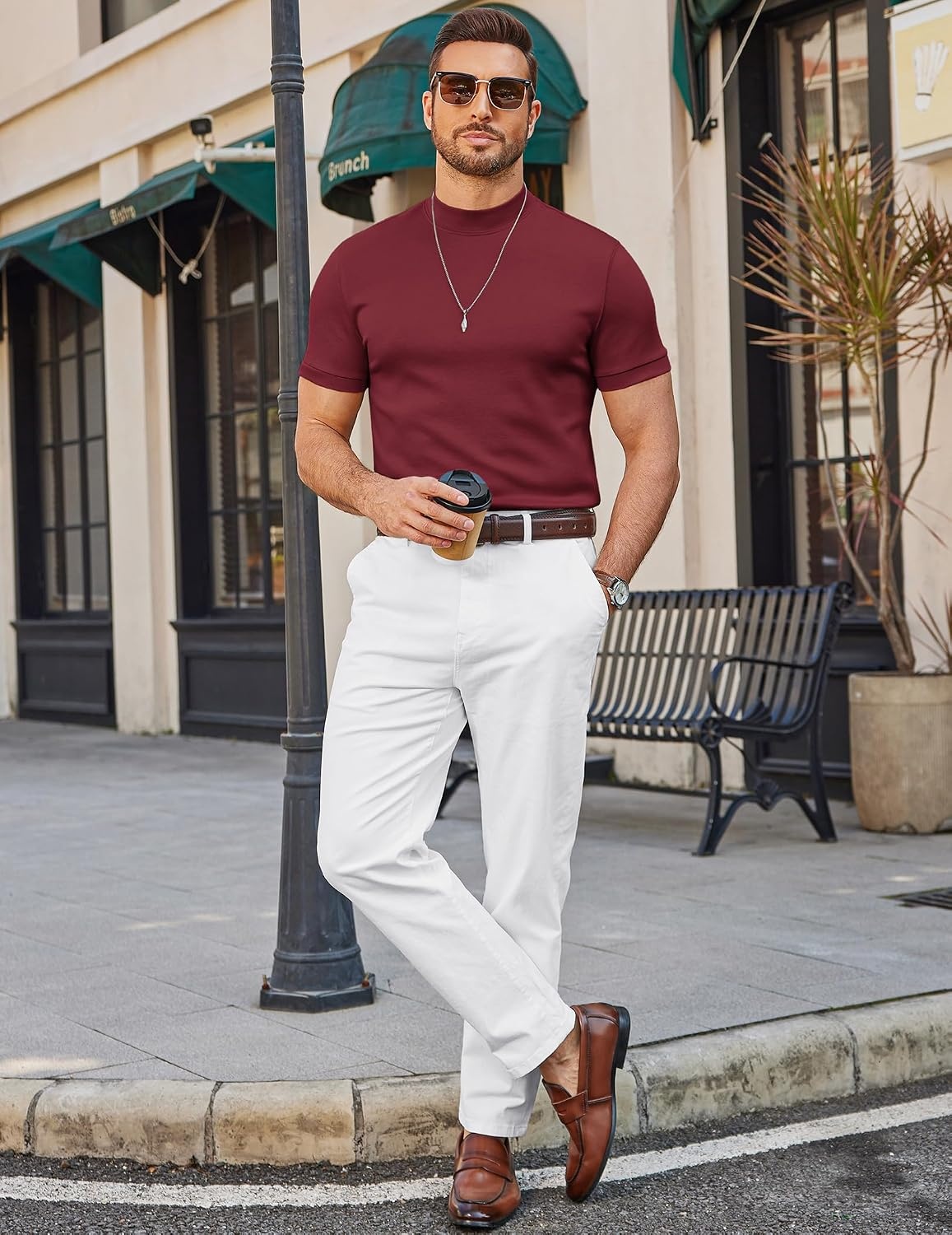 image:imageCOOFANDY Mens Short Sleeve Mock Neck Sweater Casual Slim Fit Basic Tops SilkySoft FabricShort Sleeve Mock NeckSlim Fit Basic TopBlazerReady LayeringBusiness Casual StyleFashionStylishWine Red