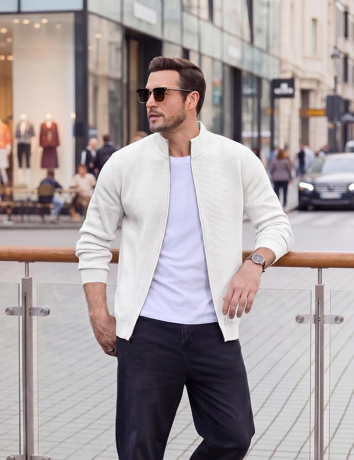 image:imageCOOFANDY Mens Zip up Sweater Casual Knitted Cardigan Sweater Stand Collar Textured Knitted Two Deep Slanted Pockets 2026 Fall Fashion Soft Warm Sweater Business Work Dress Long Sleeve SweatersOffwhite