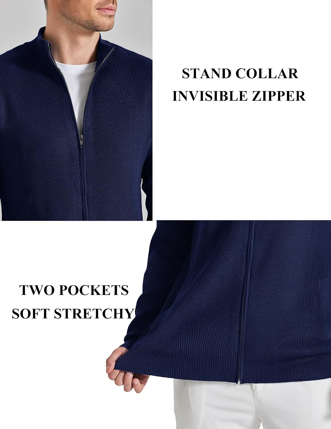 image:imageCOOFANDY Mens Zip up Sweater Casual Knitted Cardigan Sweater Stand Collar Textured Knitted Two Deep Slanted Pockets 2026 Fall Fashion Soft Warm Sweater Business Work Dress Long Sleeve SweatersNavy Blue