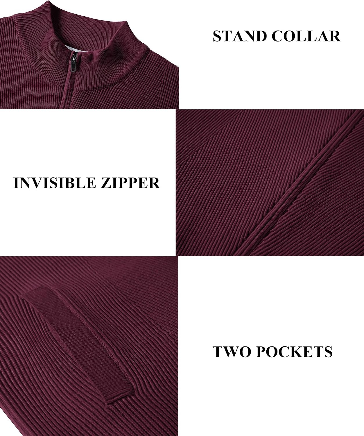 image:imageCOOFANDY Mens Zip up Sweater Casual Knitted Cardigan Sweater Stand Collar Textured Knitted Two Deep Slanted Pockets 2026 Fall Fashion Soft Warm Sweater Business Work Dress Long Sleeve SweatersBurgundy