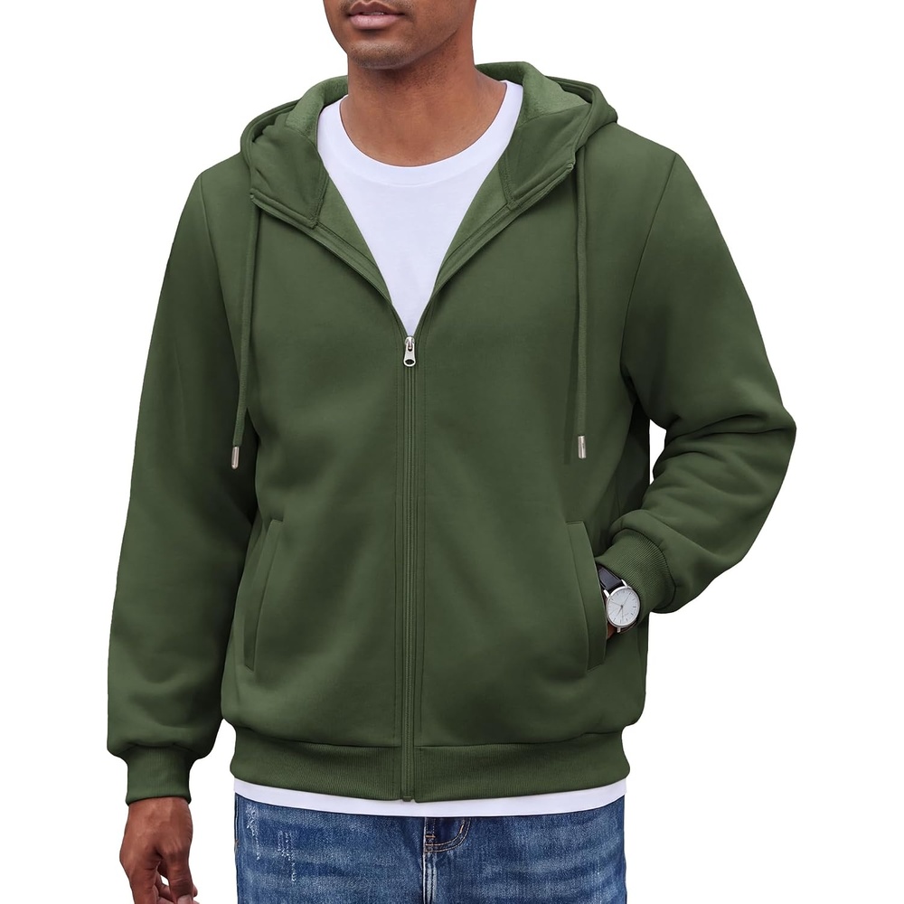 image:imageCOOFANDY Men Full Zip Hoodie Fleece Zipper Sweatshirt Casual Hooded Jacket Llightweight fleeceLined and Zipper Versatile Drawstring Hood 2026 Fall Fashion Streetwear Casual Gym Outdoor JacketArmy Green