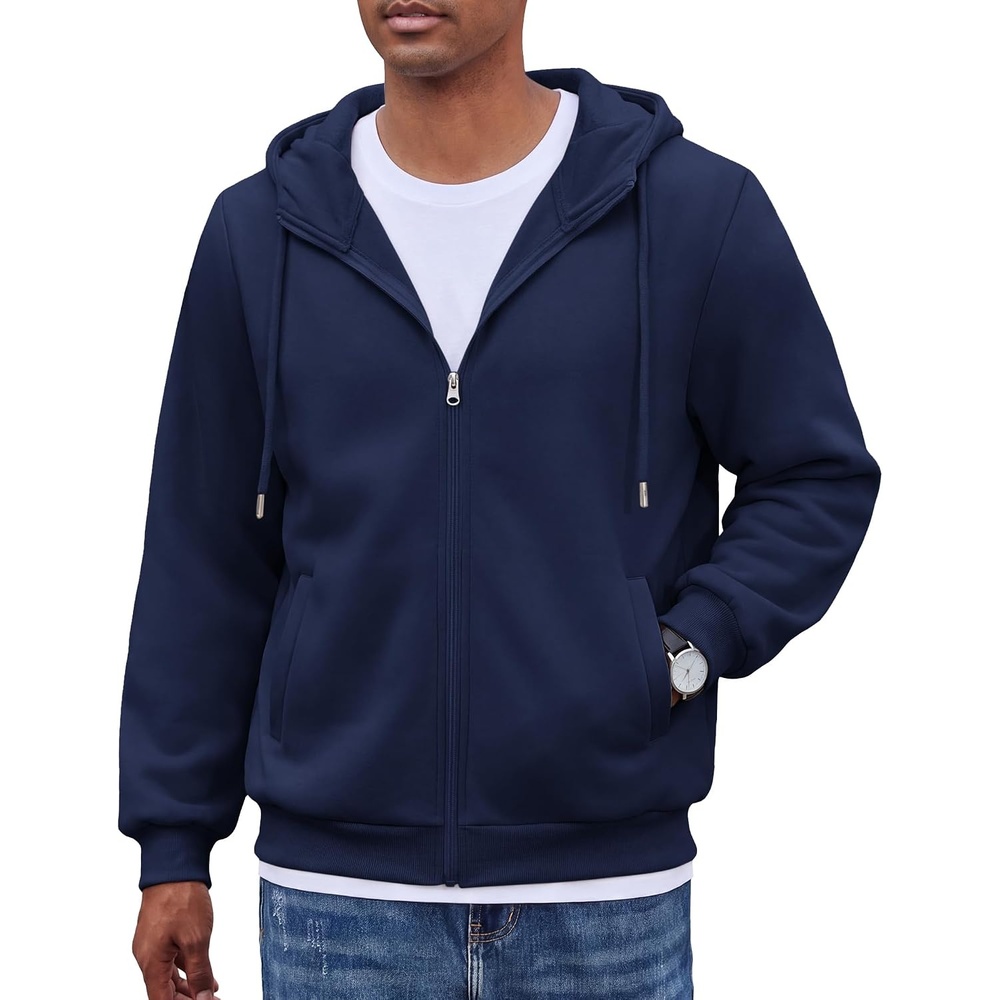 image:imageCOOFANDY Men Full Zip Hoodie Fleece Zipper Sweatshirt Casual Hooded Jacket  Llightweight fleeceLined and Zipper Versatile Drawstring Hood 2026 Fall Fashion Streetwear Casual Gym Outdoor JacketNavy Blue