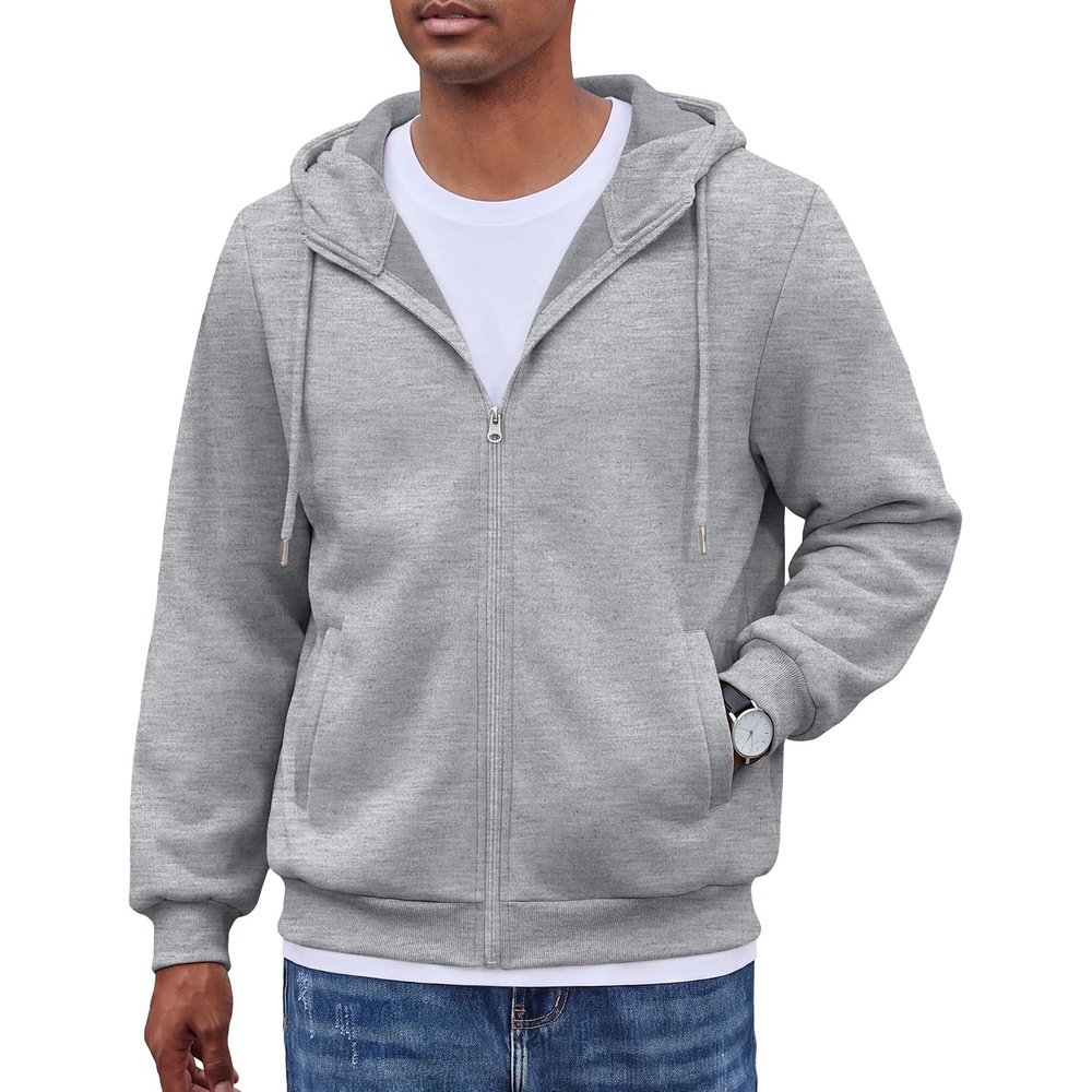 image:imageCOOFANDY Men Full Zip Hoodie Fleece Zipper Sweatshirt Casual Hooded Jacket  Llightweight fleeceLined and Zipper Versatile Drawstring Hood 2026 Fall Fashion Streetwear Casual Gym Outdoor JacketLight Grey