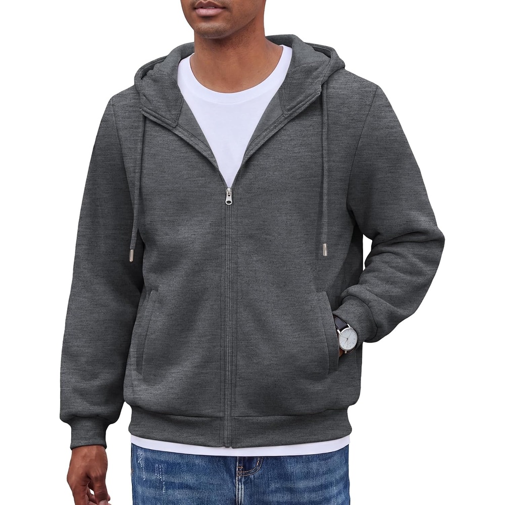 image:imageCOOFANDY Men Full Zip Hoodie Fleece Zipper Sweatshirt Casual Hooded Jacket Llightweight fleeceLined and Zipper Versatile Drawstring Hood 2026 Fall Fashion Streetwear Casual Gym Outdoor JacketDark Grey