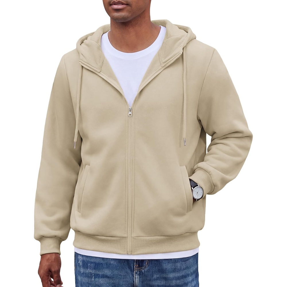image:imageCOOFANDY Men Full Zip Hoodie Fleece Zipper Sweatshirt Casual Hooded Jacket Llightweight fleeceLined and Zipper Versatile Drawstring Hood 2026 Fall Fashion Streetwear Casual Gym Outdoor JacketKhaki