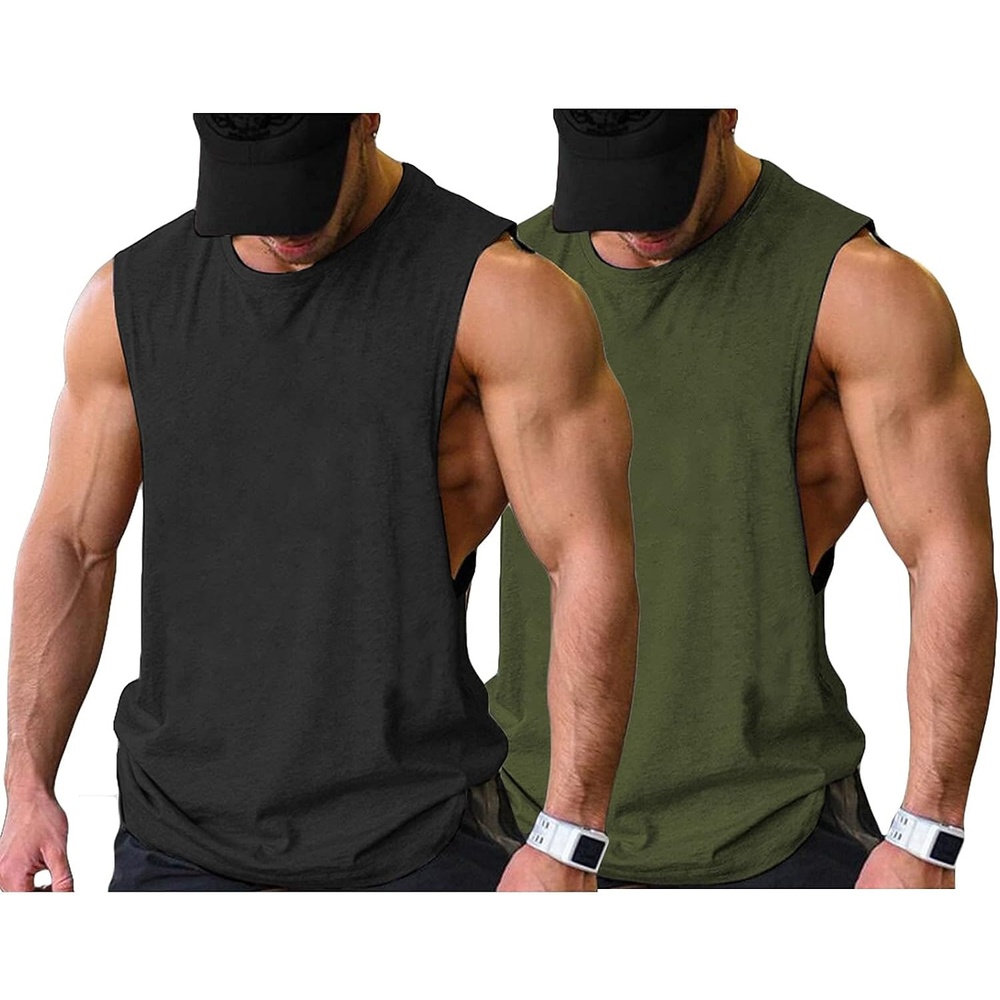 image:imageCOOFANDY Men Workout Tank Top 2 Pack Gym Bodybuilding Sleeveless T Shirts Cut Off Muscle Shirts MoistureWicking Tees Drop Arm Open Side Round Neck Design Fitness Running Jogging Tank Top ShirtsBlackArmy Green2pcs