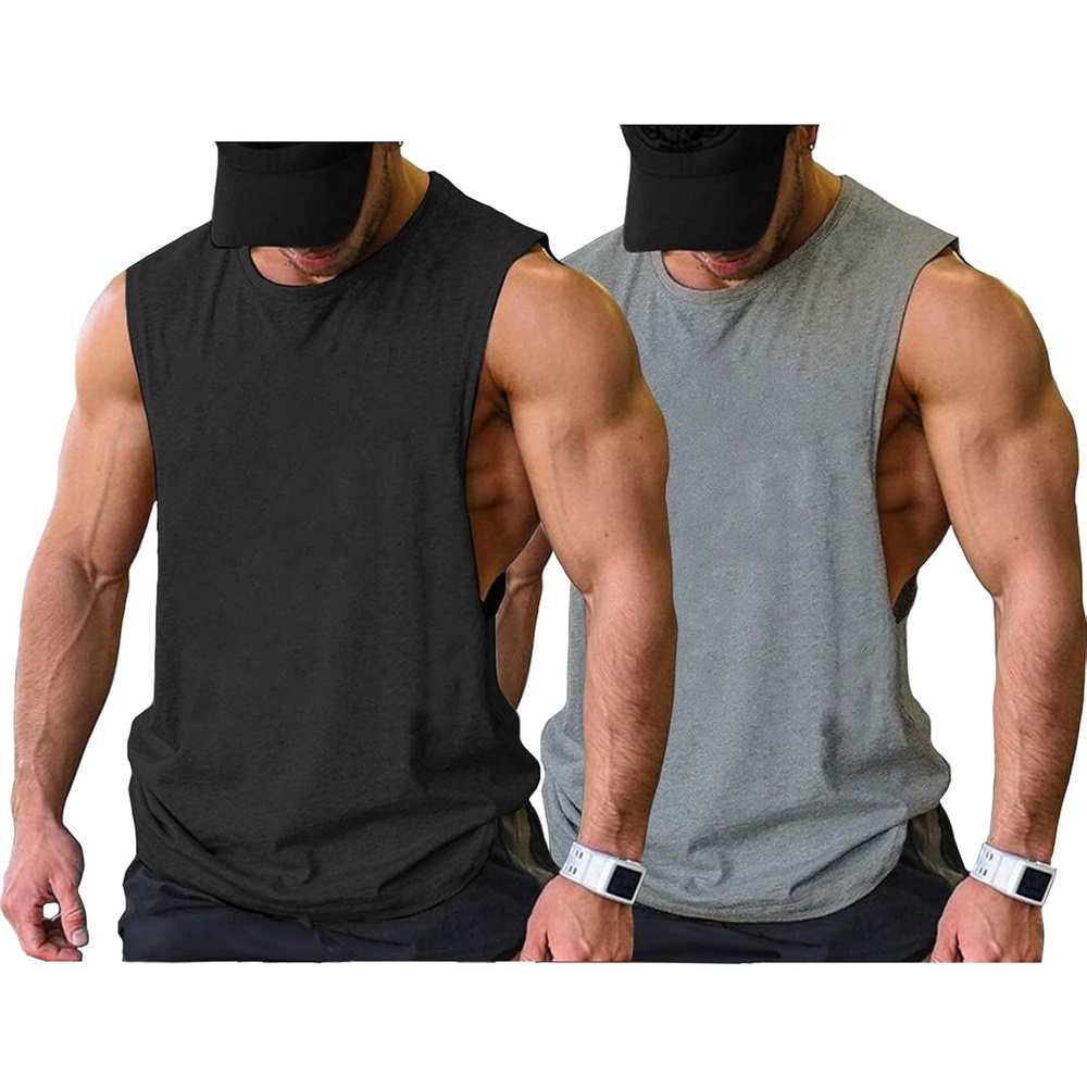 image:imageCOOFANDY Men Workout Tank Top 2 Pack Gym Bodybuilding Sleeveless T Shirts Cut Off Muscle Shirts MoistureWicking Tees Drop Arm Open Side Round Neck Design Fitness Running Jogging Tank Top ShirtsBlackGrey2pcs