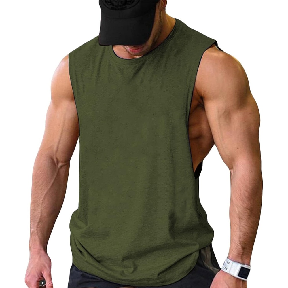 image:imageCOOFANDY Men Workout Tank Top 2 Pack Gym Bodybuilding Sleeveless T Shirts Cut Off Muscle Shirts MoistureWicking Tees Drop Arm Open Side Round Neck Design Fitness Running Jogging Tank Top ShirtsArmy Green1pcs