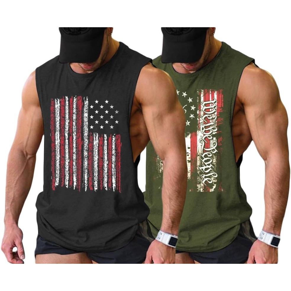 image:imageCOOFANDY Men Workout Tank Top 2 Pack Gym Bodybuilding Sleeveless T Shirts Cut Off Muscle Shirts MoistureWicking Tees Drop Arm Open Side Round Neck Design Fitness Running Jogging Tank Top ShirtsUsa Flag 01