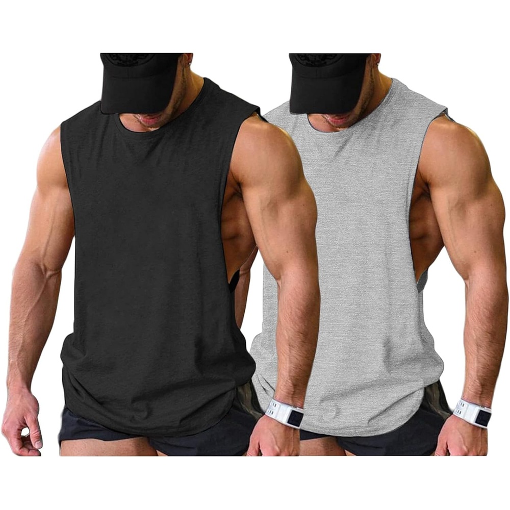 image:imageCOOFANDY Men Workout Tank Top 2 Pack Gym Bodybuilding Sleeveless T Shirts Cut Off Muscle Shirts MoistureWicking Tees Drop Arm Open Side Round Neck Design Fitness Running Jogging Tank Top ShirtsBlackTextile Grey2pcs