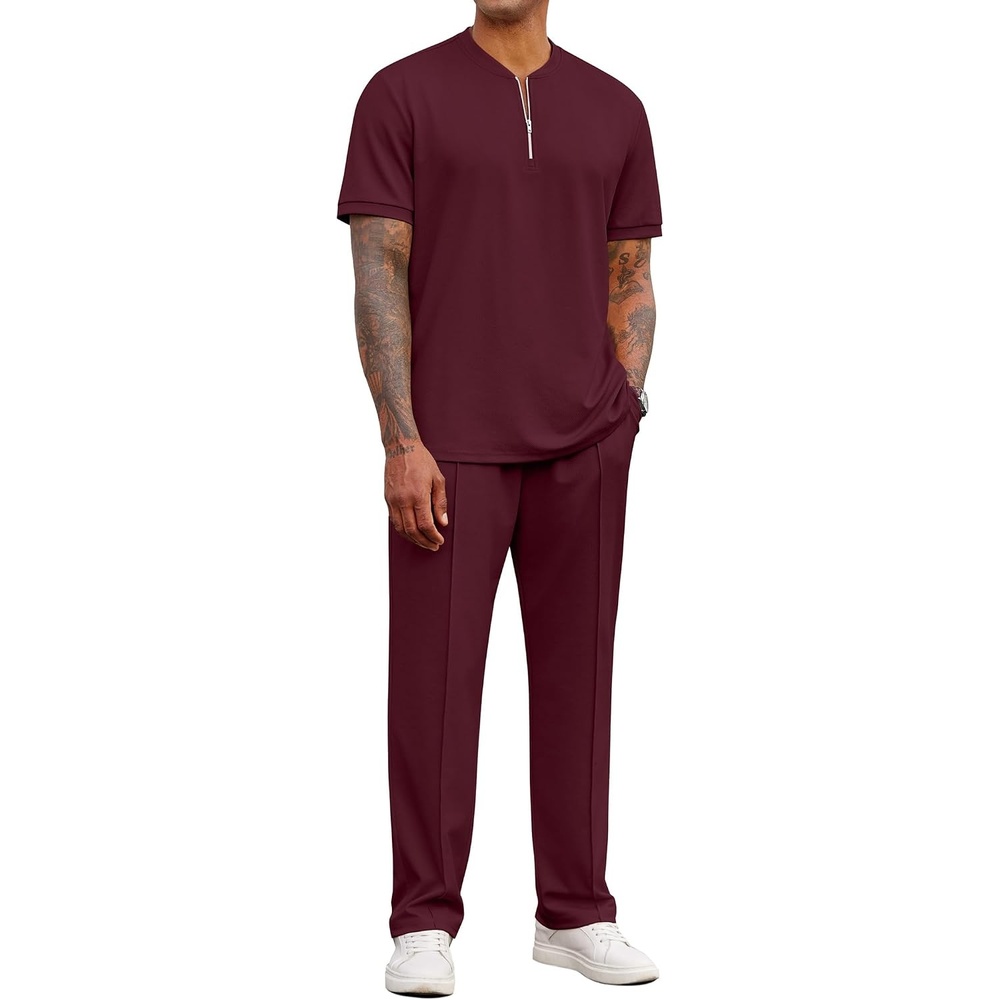image:imageCOOFANDY Mens 2 Piece Outfit Quarter Zip Short Sleeve Top amp Pants Set Tracksuits Activewear Clothing Set Workout Top amp Bottom Sets 14 Zip Polo Shirt and Jogging Pants Leisure Suits for MenDark Red