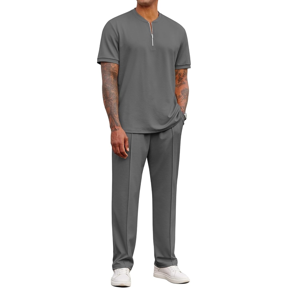image:imageCOOFANDY Mens 2 Piece Outfit Quarter Zip Short Sleeve Top amp Pants Set Tracksuits Activewear Clothing Set Workout Top amp Bottom Sets 14 Zip Polo Shirt and Jogging Pants Leisure Suits for MenDark Grey