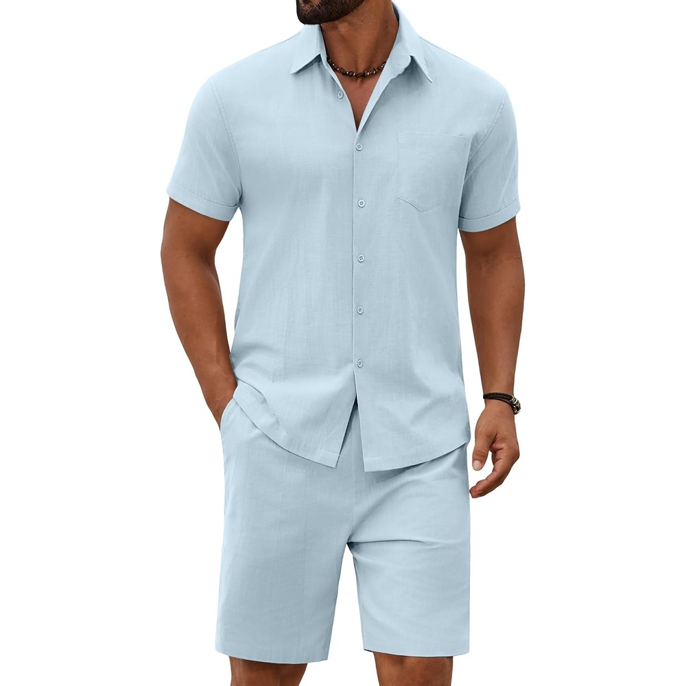 image:imageCOOFANDY Mens 2 Piece Outfit Summer Shorts Sets Short Sleeve Cotton Shirts 100 CottonShirt And Shorts SetsChest PocketElastic DrawstringMachine WashableBeachVacationCruiseTravelWeddingPartyLight Blue