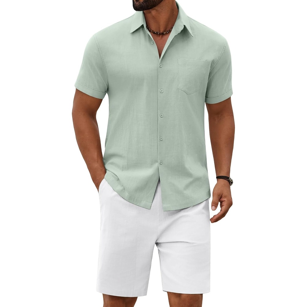 image:imageCOOFANDY Mens 2 Piece Outfit Summer Shorts Sets Short Sleeve Cotton Shirts 100 CottonShirt And Shorts SetsChest PocketElastic DrawstringMachine WashableBeachVacationCruiseTravelWeddingPartyGreenWhite
