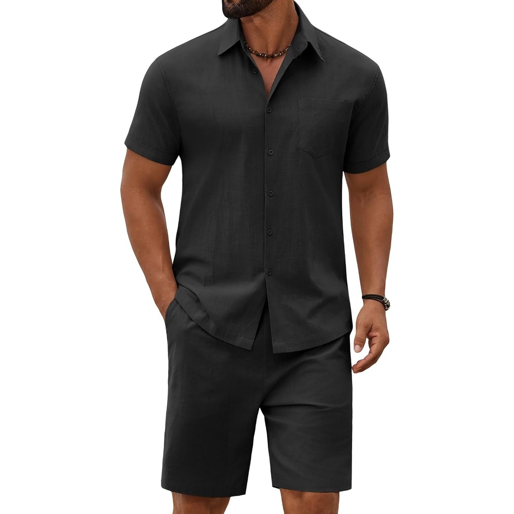 image:imageCOOFANDY Mens 2 Piece Outfit Summer Shorts Sets Short Sleeve Cotton Shirts 100 CottonShirt And Shorts SetsChest PocketElastic DrawstringMachine WashableBeachVacationCruiseTravelWeddingPartyBlack