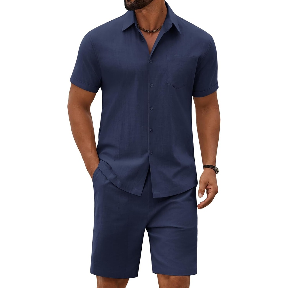 image:imageCOOFANDY Mens 2 Piece Outfit Summer Shorts Sets Short Sleeve Cotton Shirts 100 CottonShirt And Shorts SetsChest PocketElastic DrawstringMachine WashableBeachVacationCruiseTravelWeddingPartyNavy