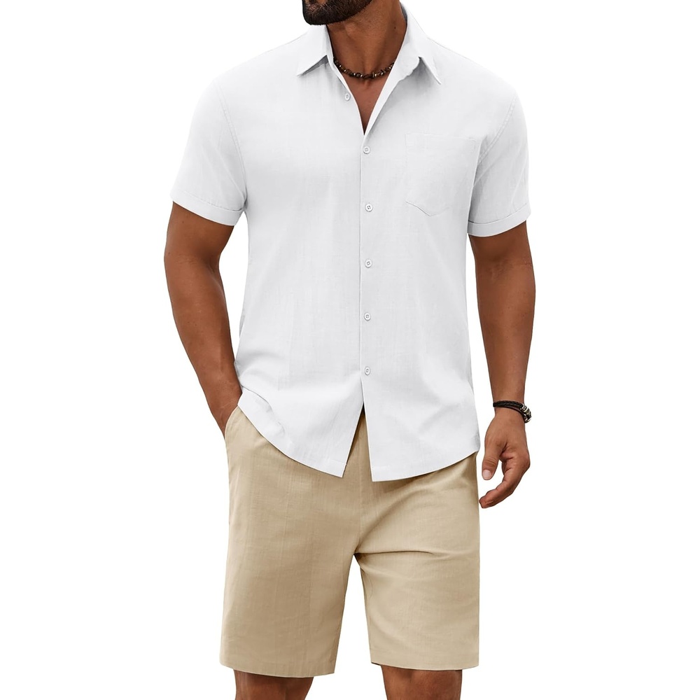 image:imageCOOFANDY Mens 2 Piece Outfit Summer Shorts Sets Short Sleeve Cotton Shirts 100 CottonShirt And Shorts SetsChest PocketElastic DrawstringMachine WashableBeachVacationCruiseTravelWeddingPartyWhiteLight Khaki