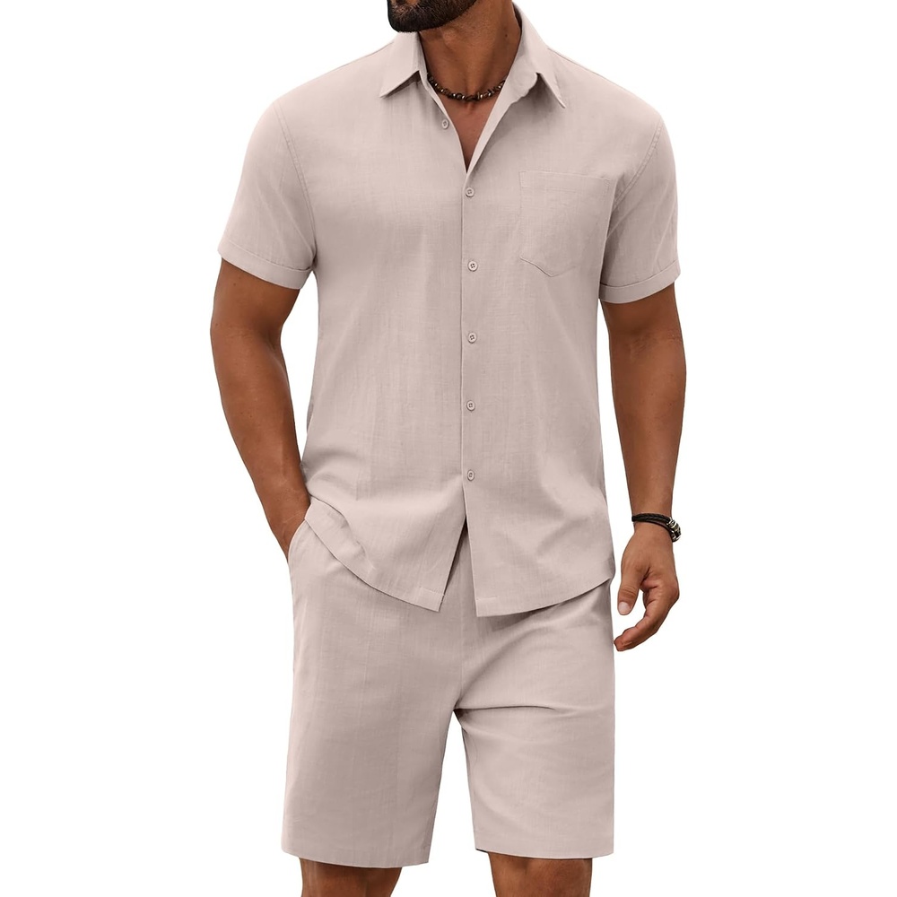 image:imageCOOFANDY Mens 2 Piece Outfit Summer Shorts Sets Short Sleeve Cotton Shirts 100 CottonShirt And Shorts SetsChest PocketElastic DrawstringMachine WashableBeachVacationCruiseTravelWeddingPartyChampagne Beige
