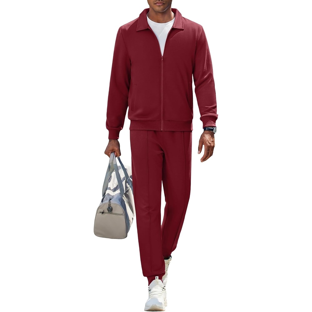 image:imageCOOFANDY Mens Athletic Tracksuit 2 Piece Sweat Suits Jacket and Pants Set Tennis Sport Jogging Outfit Leisure Casual Style Full Zip Design Lightweight and Breathable Fabric Fashion StreetwearWine Red