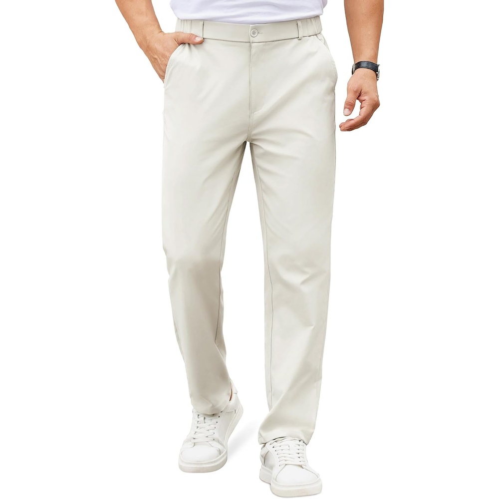 image:imageCOOFANDY Mens Casual Chino Pants Elastic Waist ClassicFit Dress Slacks  Hybrid Waistband Flat Front Lightweight Stretchy Comfortable Straight Leg Business Casual TrousersBeige