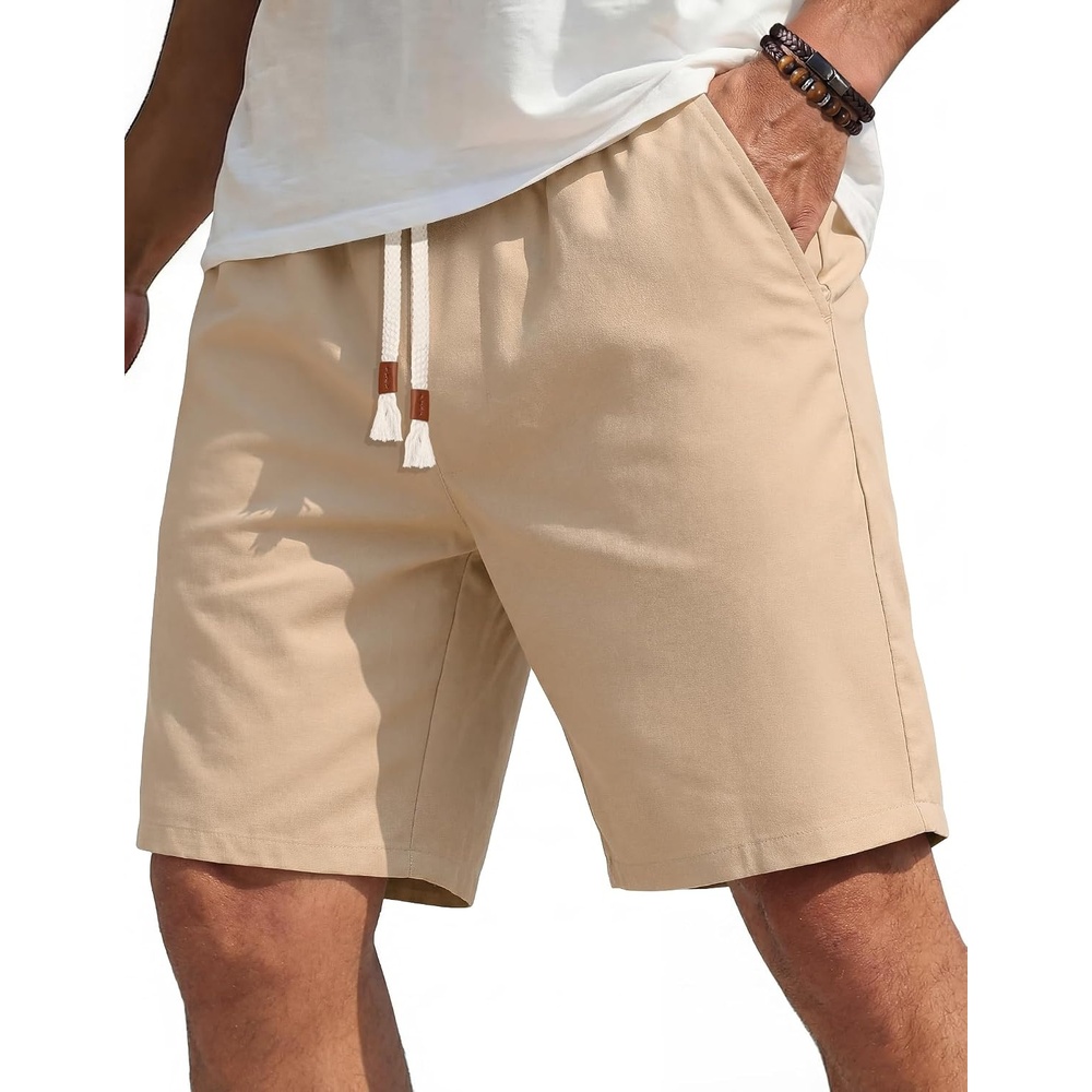 image:imageCOOFANDY Mens Casual Cotton Linen Shorts Elastic Waist Drawstring Shorts  Stretch Linen Chino Lightweight Breathable Flat Front Phone Pockets Regular Fit 9 Inch Inseam Summer Beach VacationLight Khaki